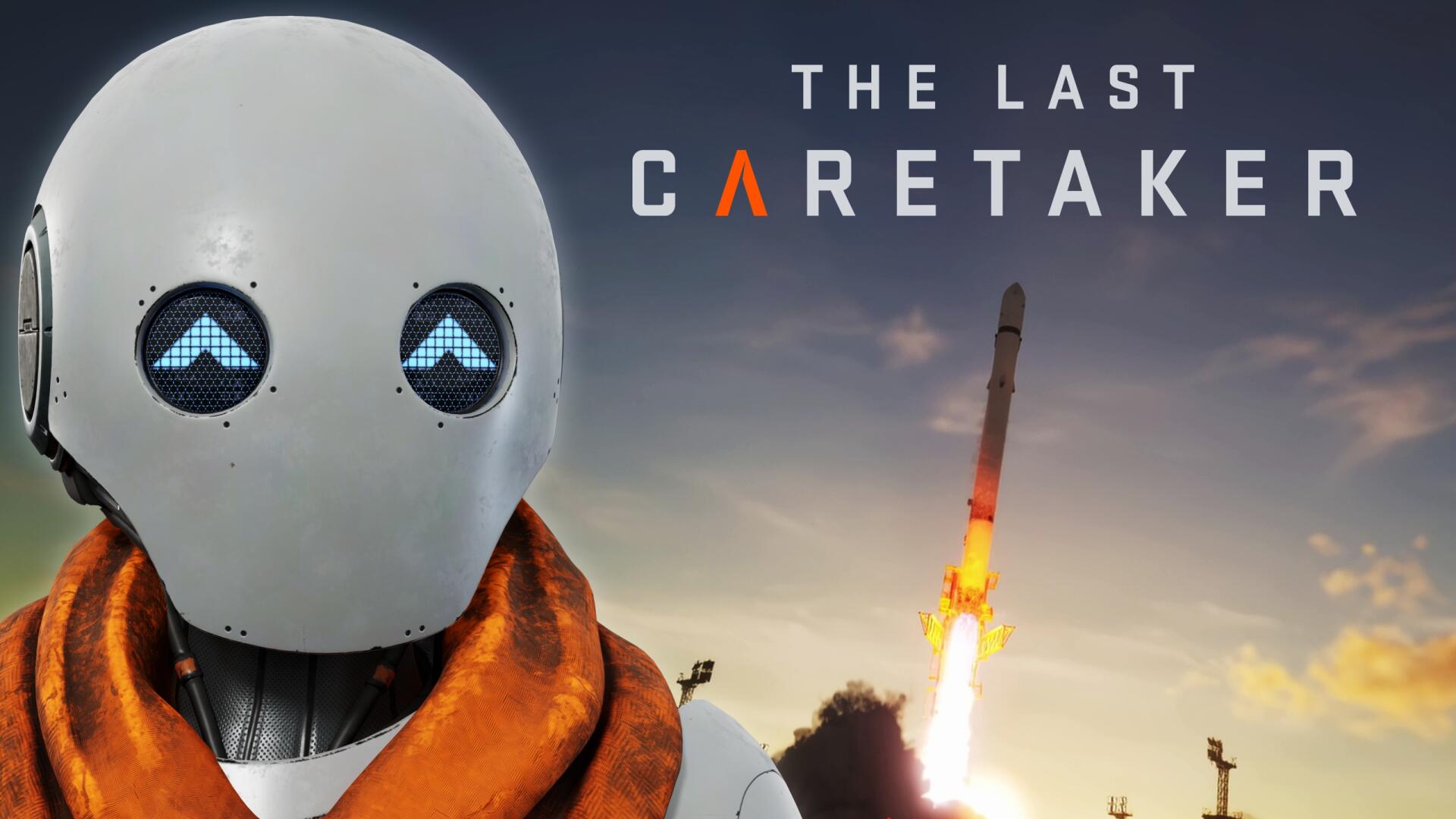 2K Quad HD PC desktop wallpaper background for video game The Last Caretaker depicting a white humanoid robot in an orange cloak with glowing eyes watching a rocket launch at dusk.