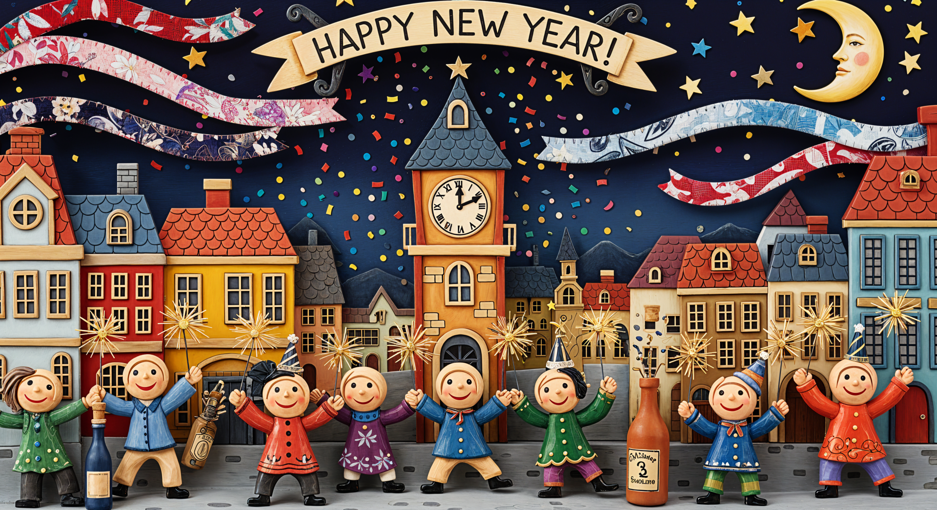 4K Ultra HD PC desktop wallpaper: New Year's Eve mood—cheerful toy townspeople amid confetti and fireworks, clocktower at midnight and a waving Happy New Year! banner.