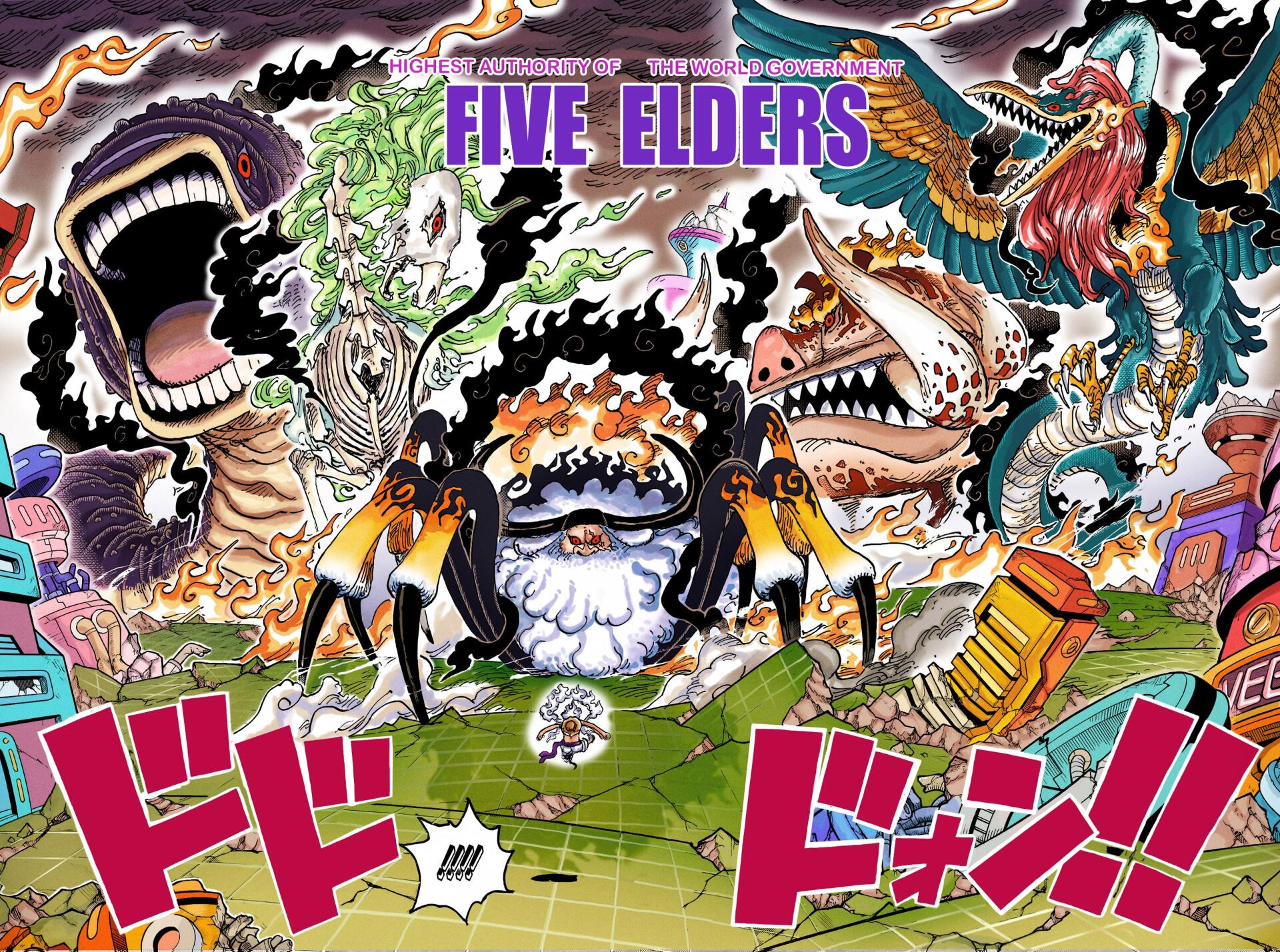 Anime One Piece 2K Quad HD PC desktop wallpaper: the Five Elders and monstrous creatures clash amid vibrant, explosive manga-style art and bold sound-effect lettering.