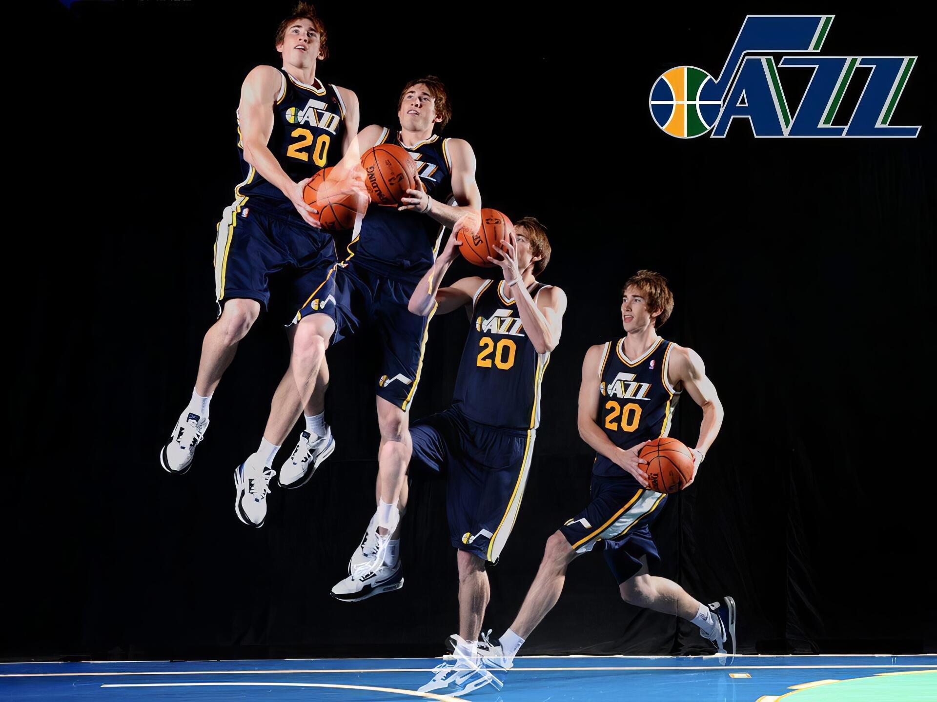 HD desktop wallpaper of an NBA Utah Jazz player in a sequence of dribble-to-jump-shot motions against a black background with the Jazz logo — basketball, sports.