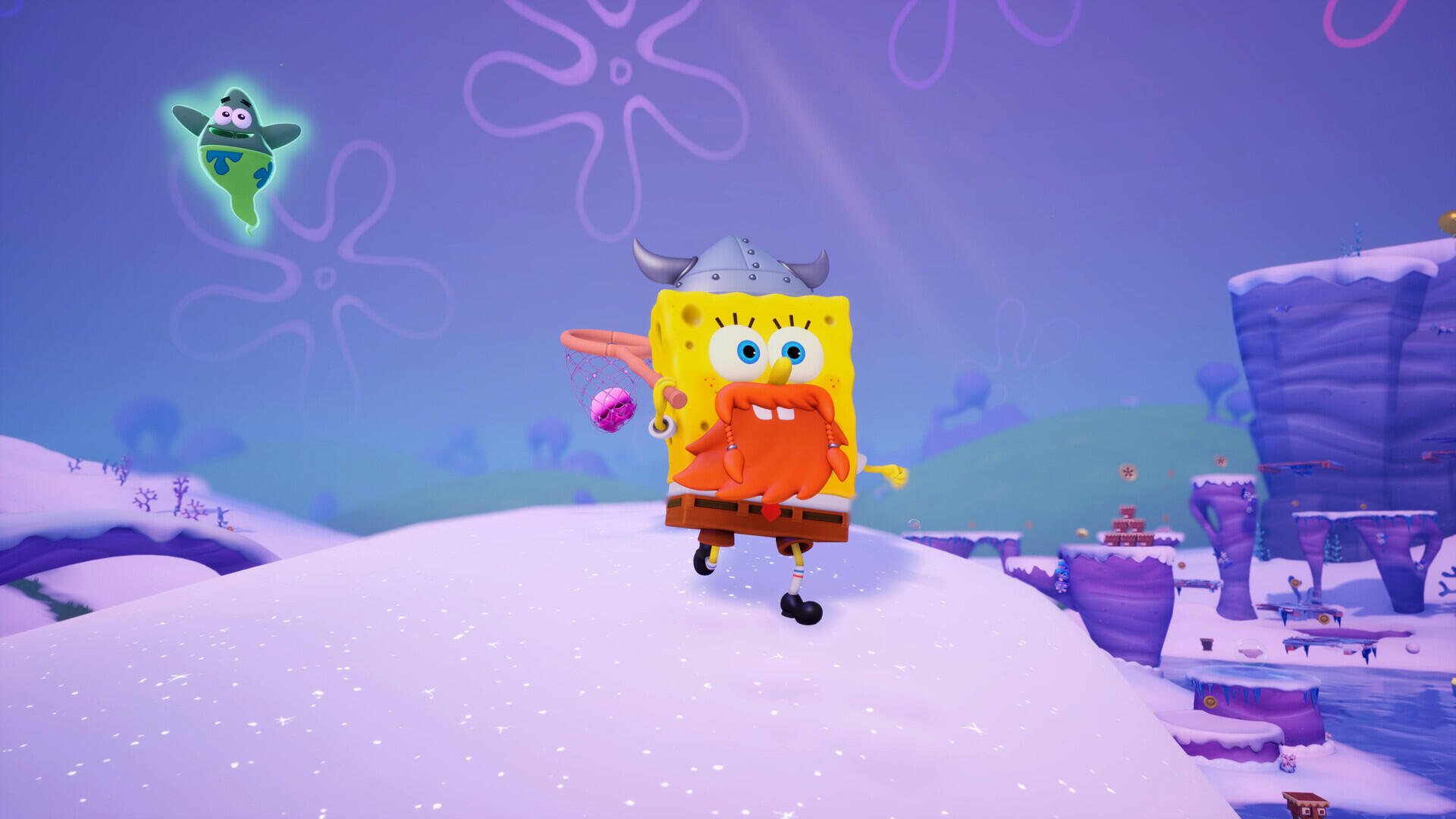 HD PC desktop wallpaper featuring SpongeBob SquarePants from the video game SpongeBob SquarePants: Titans of the Tide running across a snowy purple underwater landscape.