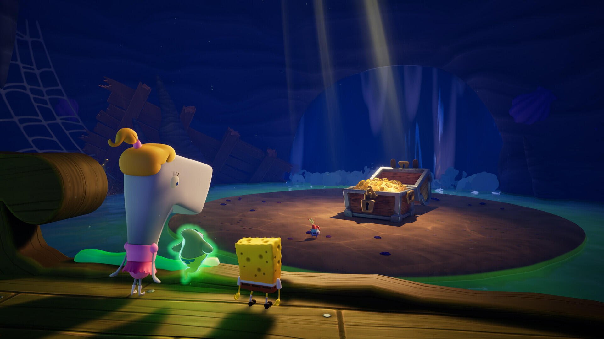 HD PC desktop wallpaper from the video game SpongeBob SquarePants: Titans of the Tide. SpongeBob and Pearl stand on a wooden platform gazing at a glowing treasure chest in a lit cavern.