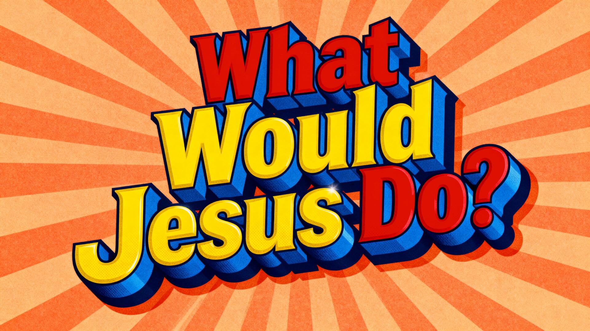 Bright comic-style 4K Ultra HD PC desktop wallpaper: bold, colorful 'What Would Jesus Do?' text over a retro sunburst background — religious inspirational graphic.