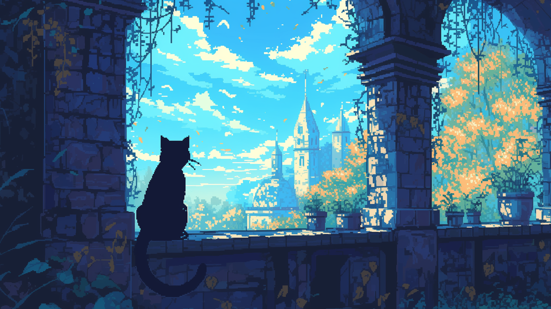Pixel art AI illustration of a black cat silhouette on an arched stone balcony, overlooking sunlit castle spires and leafy treetops — 2K Quad HD PC desktop wallpaper/background.