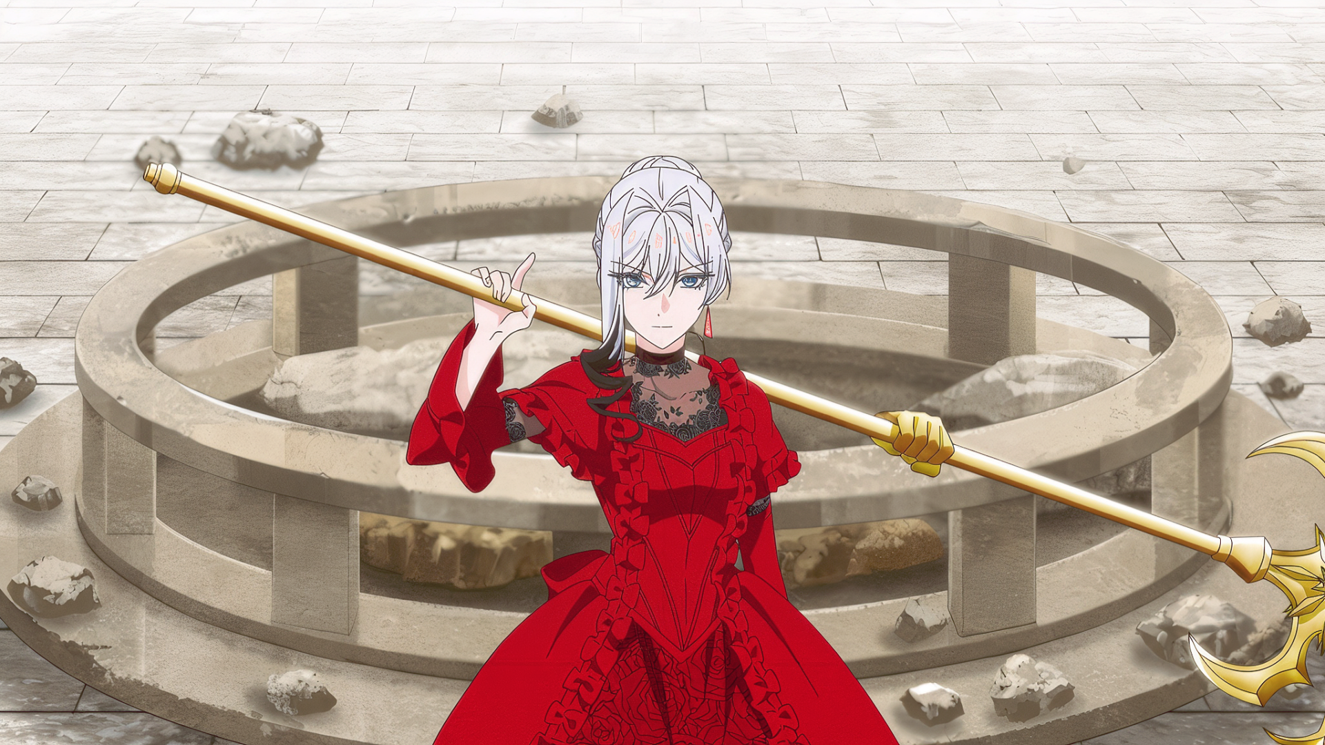 HD PC desktop wallpaper and background: Scarlett El Vandimion from May I Ask for One Final Thing? — anime girl in a red gothic dress holding a long golden staff before a stone circular well.