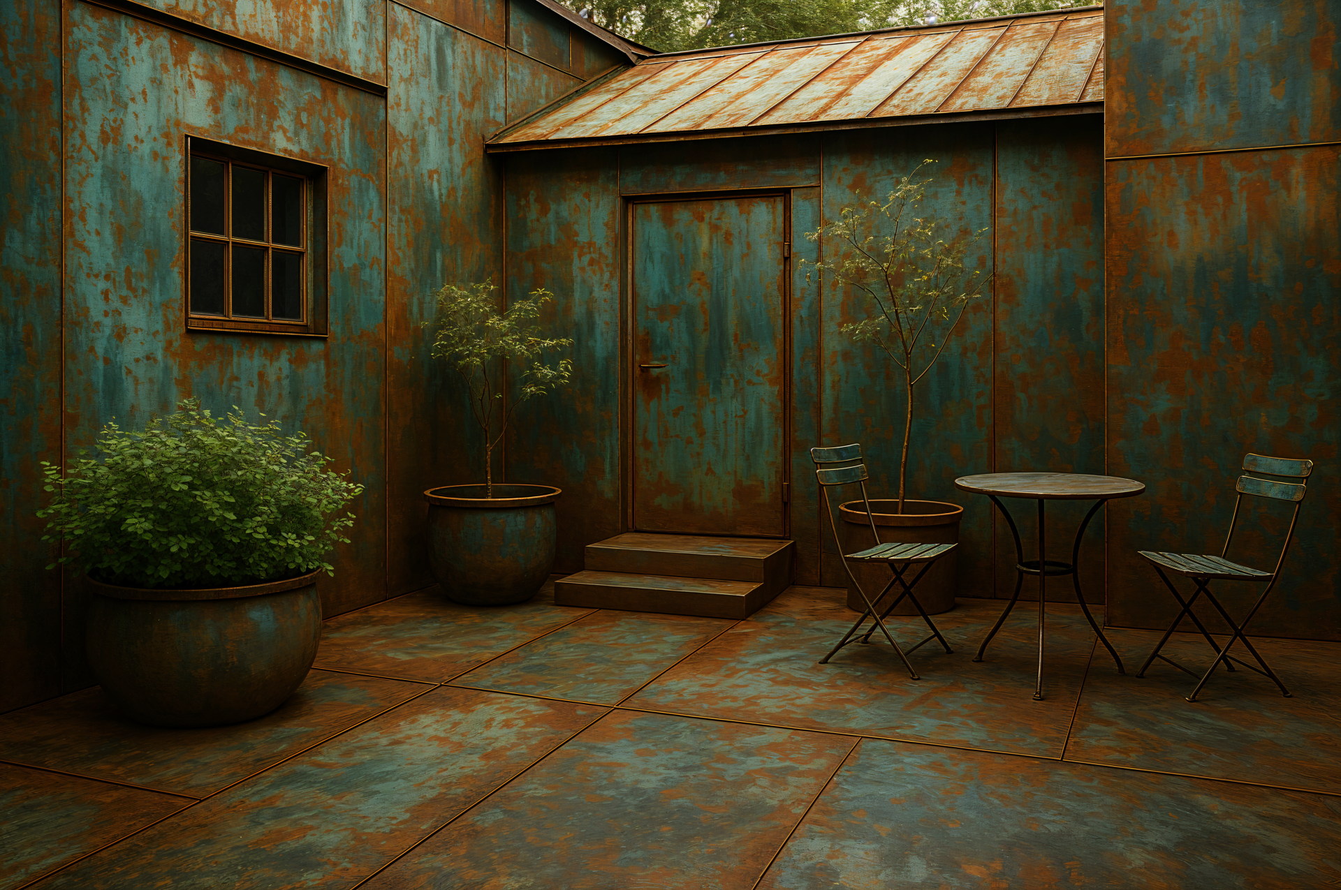 Rusty teal-green metal courtyard with potted shrubs, a bistro table and chairs, and a weathered door and window — 4K Ultra HD PC desktop wallpaper and background.