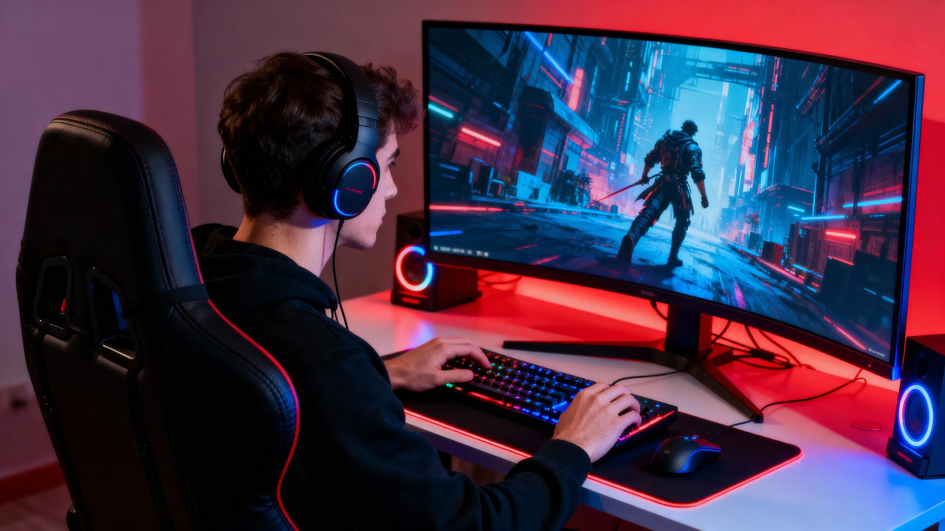 Gamer at a PC desk with headphones, playing a neon cyberpunk video game on a curved 4K Ultra HD monitor — bold PC desktop wallpaper/background.