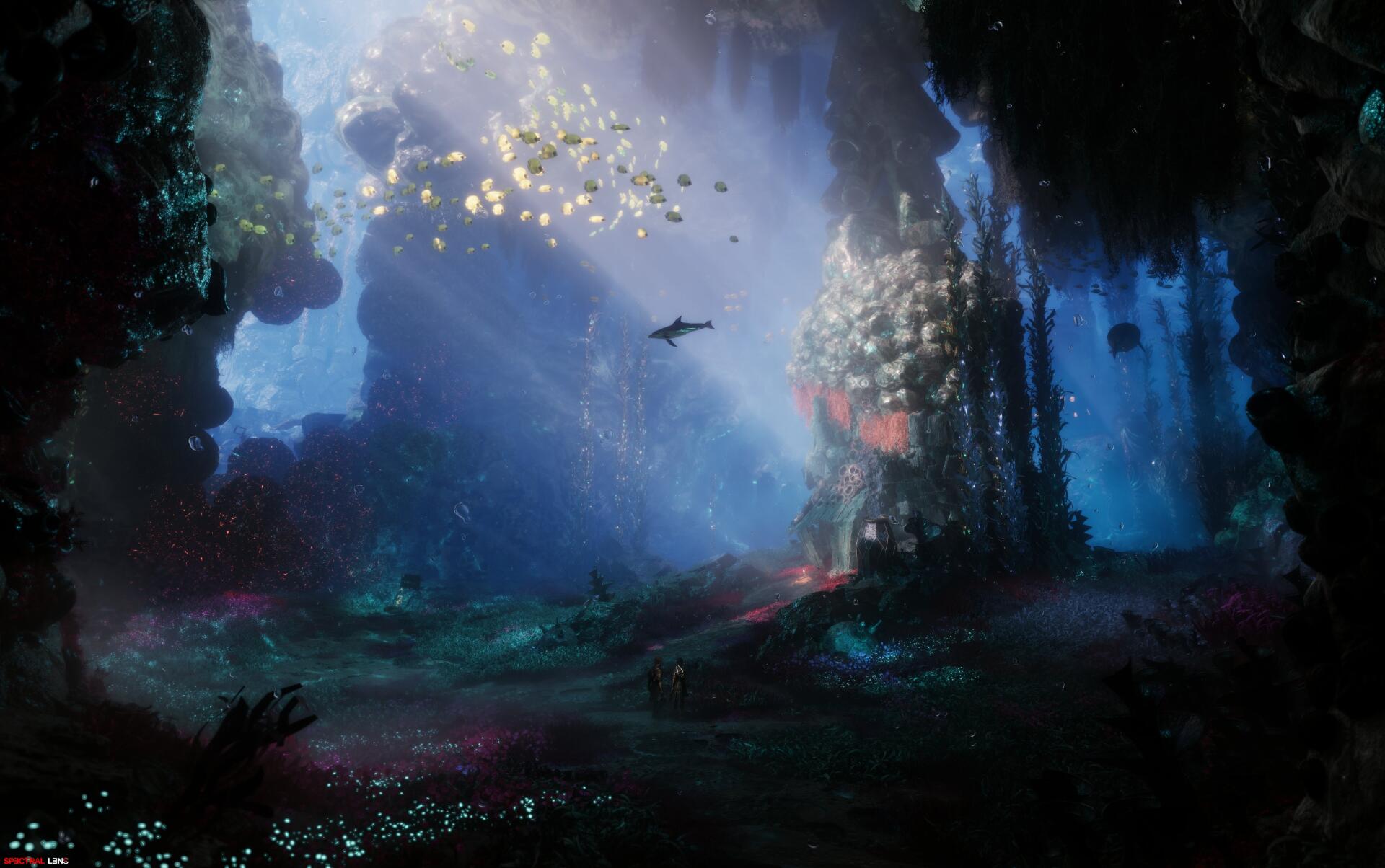 4K Ultra HD PC desktop wallpaper: underwater gaming environment from the video game Clair Obscur: Expedition 33, bioluminescent cavern with a distant swimmer.