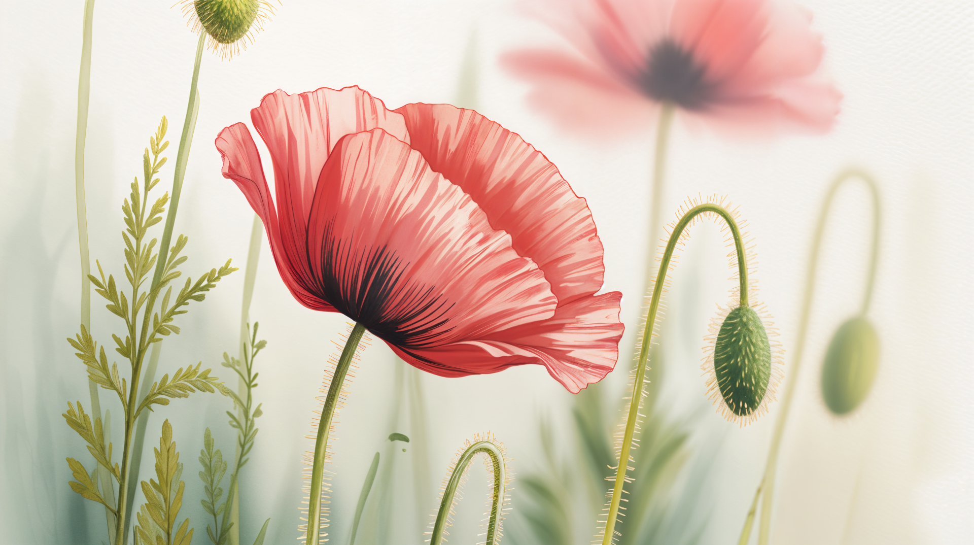 4K Ultra HD PC desktop wallpaper and background: delicate red poppies and nodding buds against soft pastel greens with dreamy, blurred blossoms.