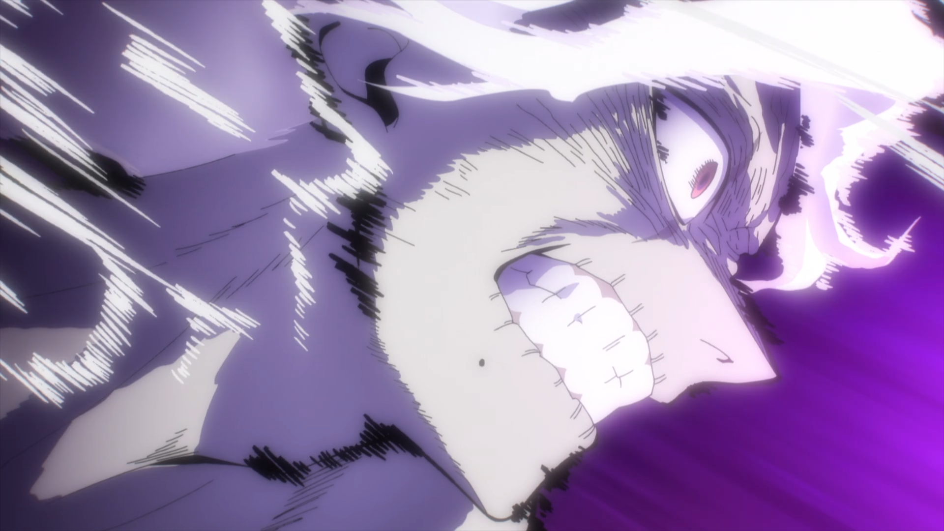 Close-up anime portrait of All For One from My Hero Academia snarling, teeth bared, glowing eye and dramatic purple lighting — HD PC desktop wallpaper background.