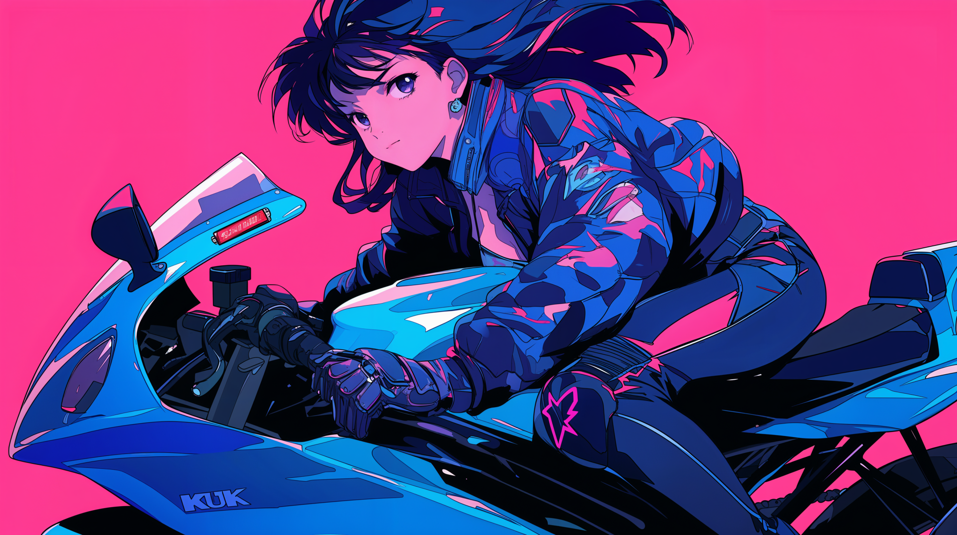 4K Ultra HD PC desktop wallpaper of an anime girl on a blue anime motorcycle, leaning into a turn against a vivid pink background.
