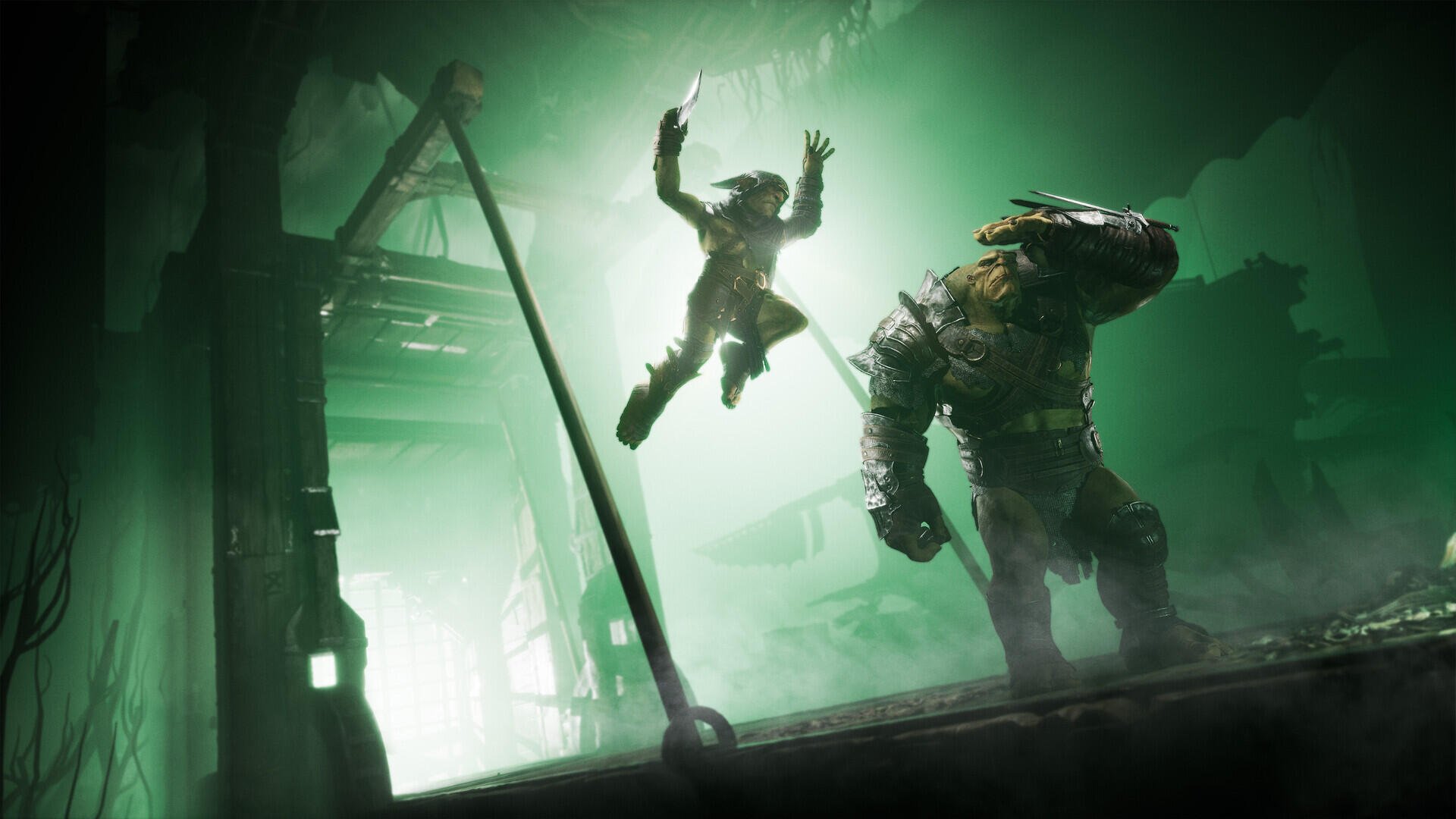 HD PC desktop wallpaper from the video game Styx: Blades of Greed — a green-lit ambush as a nimble goblin assassin leaps onto a hulking armored guard in an industrial cavern.