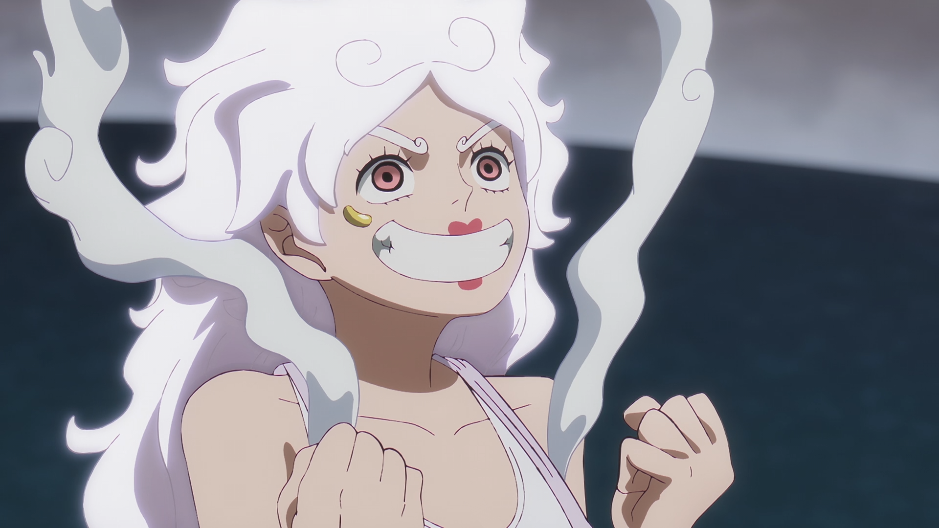 HD PC desktop wallpaper of Jewelry Bonney (One Piece) in Gear 5: white flowing hair, a wide mischievous grin and clenched fists against a dark, stormy background.