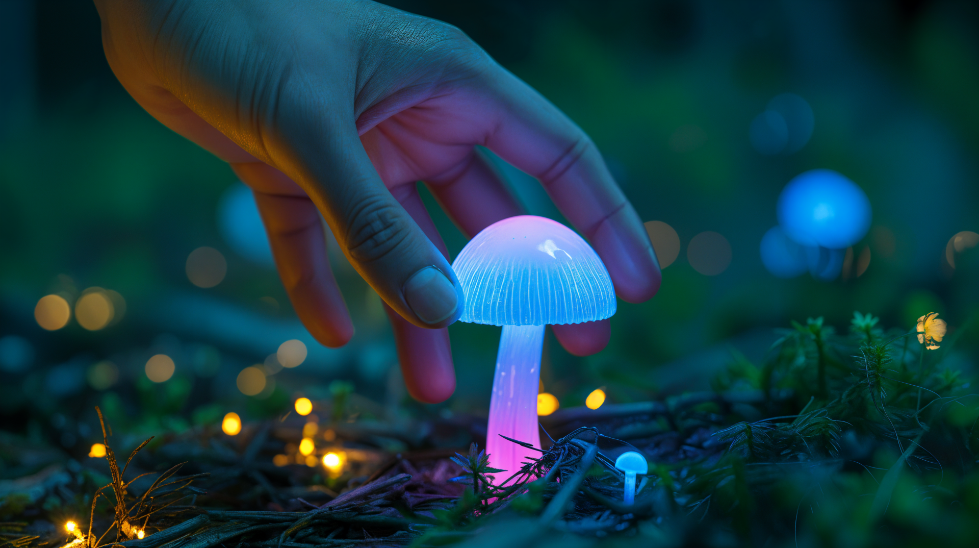 Bioluminescent mushroom glowing in mossy night with a hand touching its cap — 4K Ultra HD PC desktop wallpaper and background.