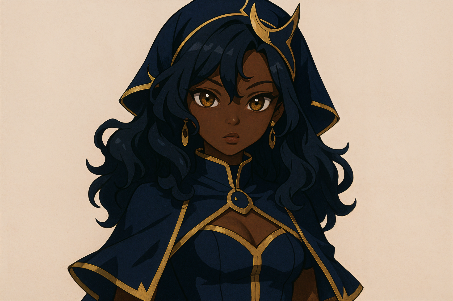 4K Ultra HD PC desktop wallpaper of a black anime girl in a navy-and-gold hooded cloak, wavy black hair, amber eyes and gold jewelry.
