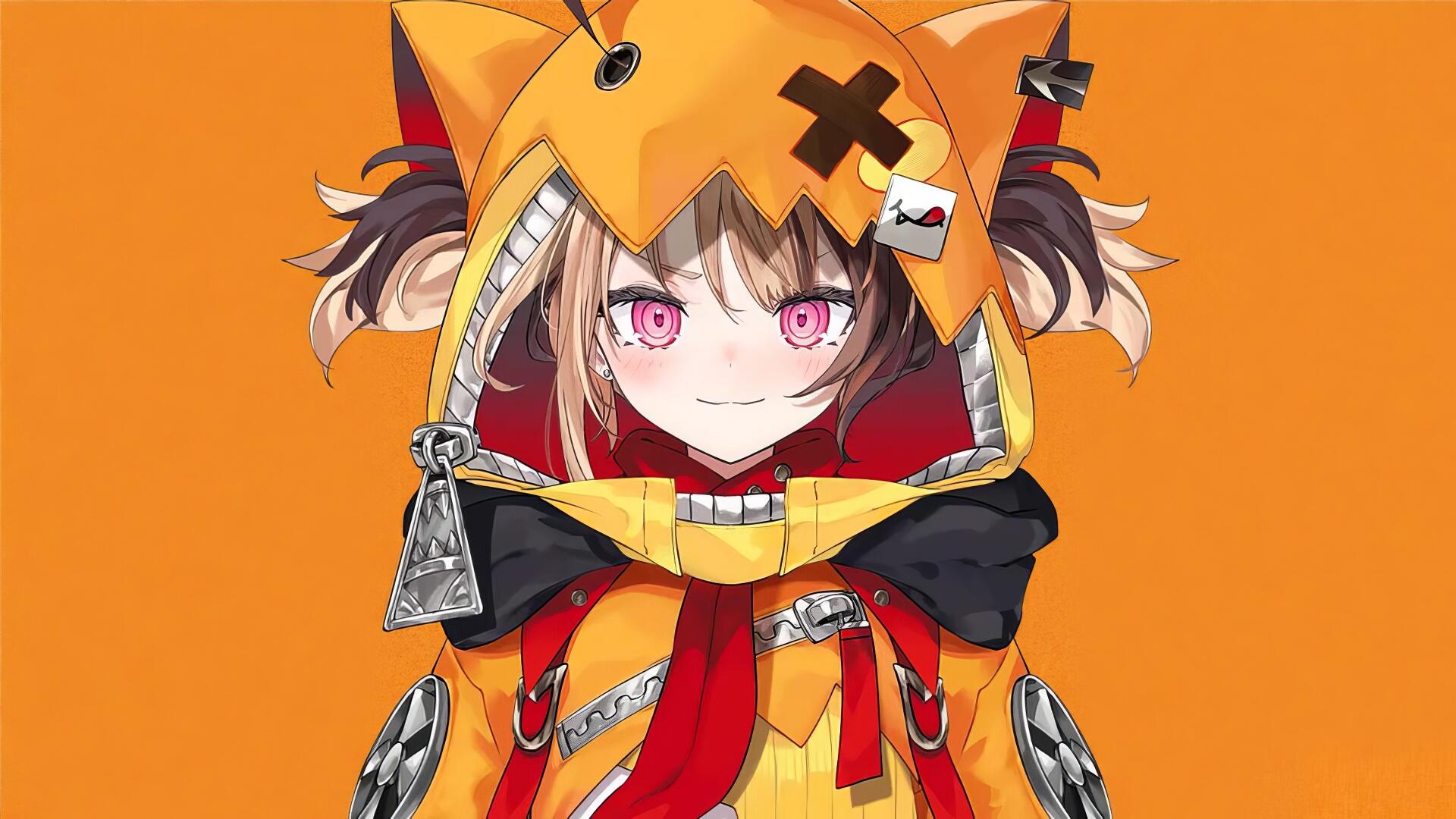HD anime-style PC wallpaper of hololive Virtual YouTuber Gigi Murin in an orange pumpkin-hood outfit, pink eyes and twin pigtails against a solid orange background.