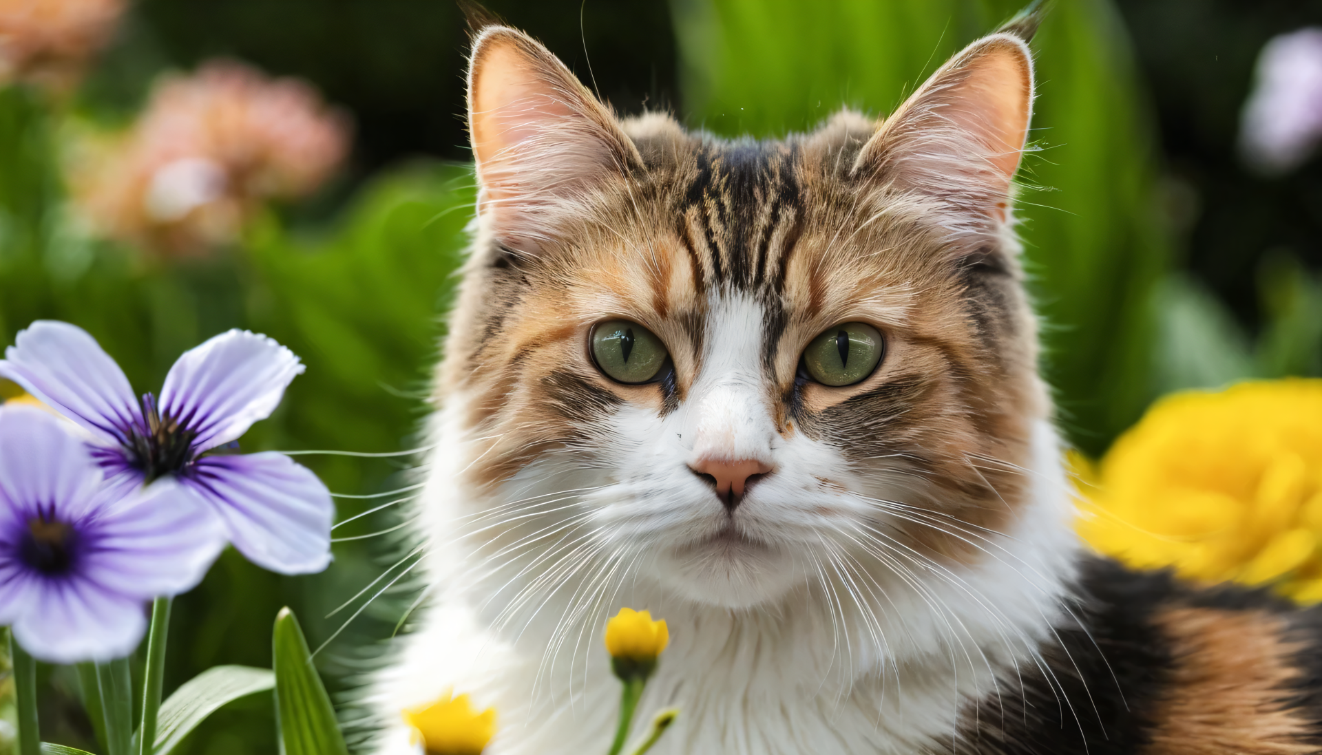Portrait of a long-haired tabby cat among garden flowers — a feline animal image rendered as a 4K Ultra HD PC desktop wallpaper and background.