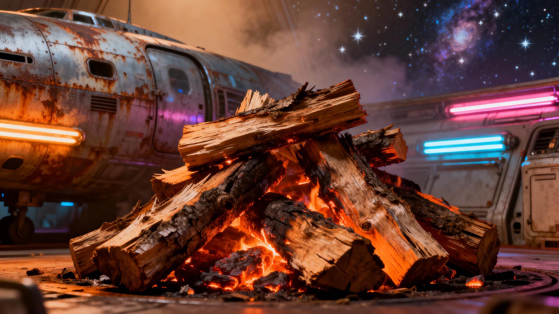 Burning firewood pile on a sci‑fi landing pad with neon lights and a starry sky — 4K Ultra HD PC Desktop Wallpaper and Background.