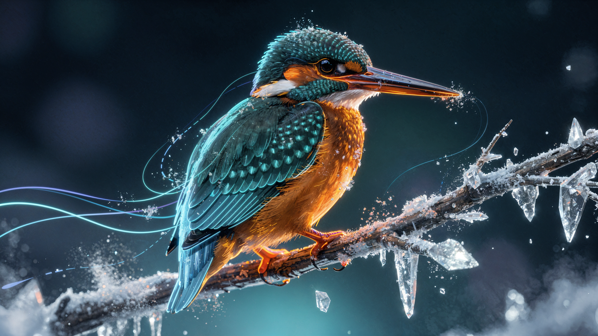 Vibrant kingfisher perched on an icy branch with water droplets and glowing highlights — 4K Ultra HD PC desktop wallpaper/background.
