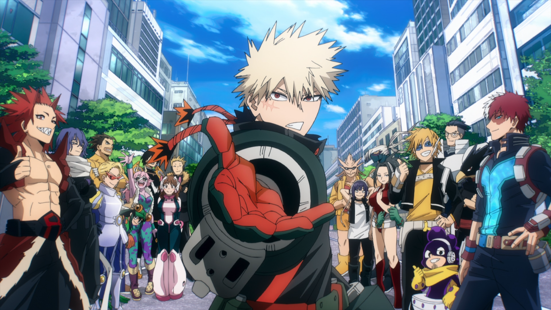 Anime HD PC desktop wallpaper of My Hero Academia cast, Bakugo in the foreground reaching toward the viewer with a city skyline behind, vibrant colors and dynamic composition.
