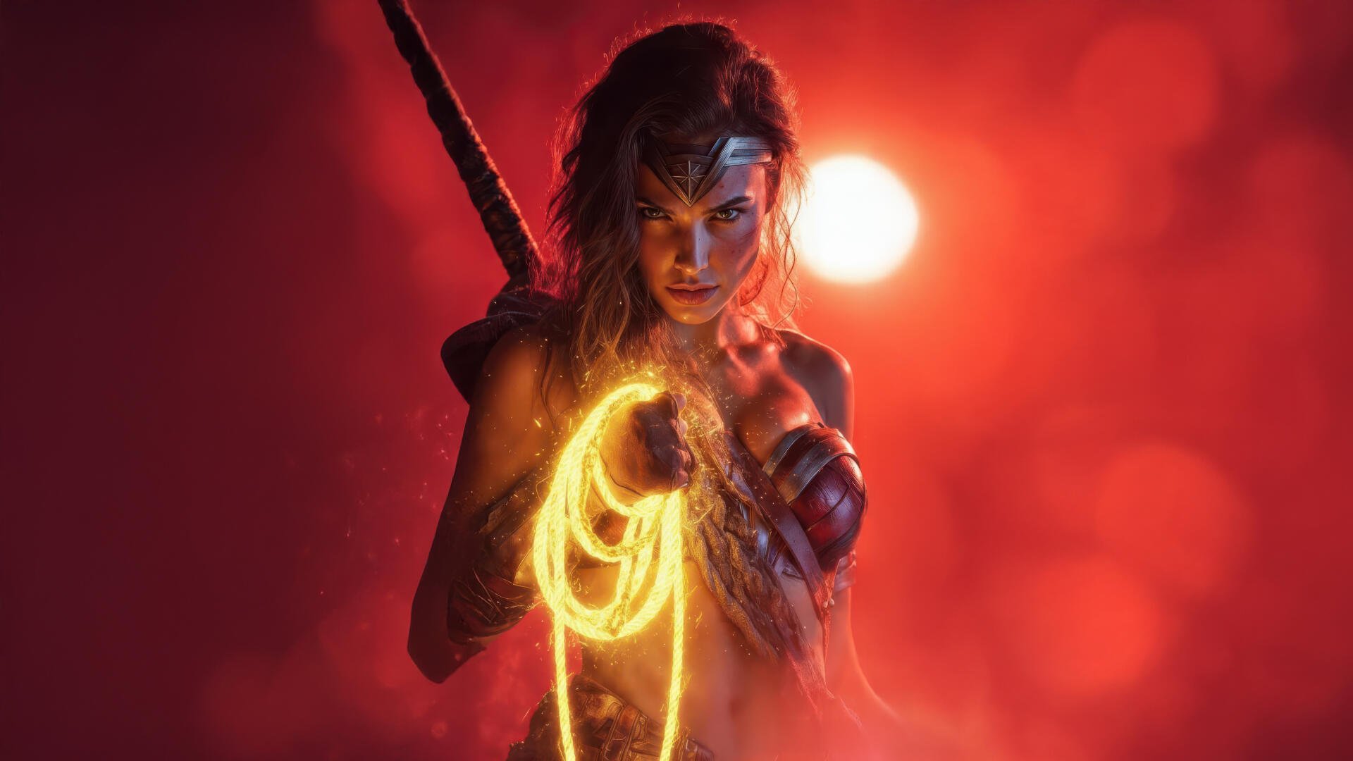 Wonder Woman in red-orange light, clutching a glowing Lasso of Truth before a bright bokeh sun — cinematic 5K Ultra HD PC desktop wallpaper and background.