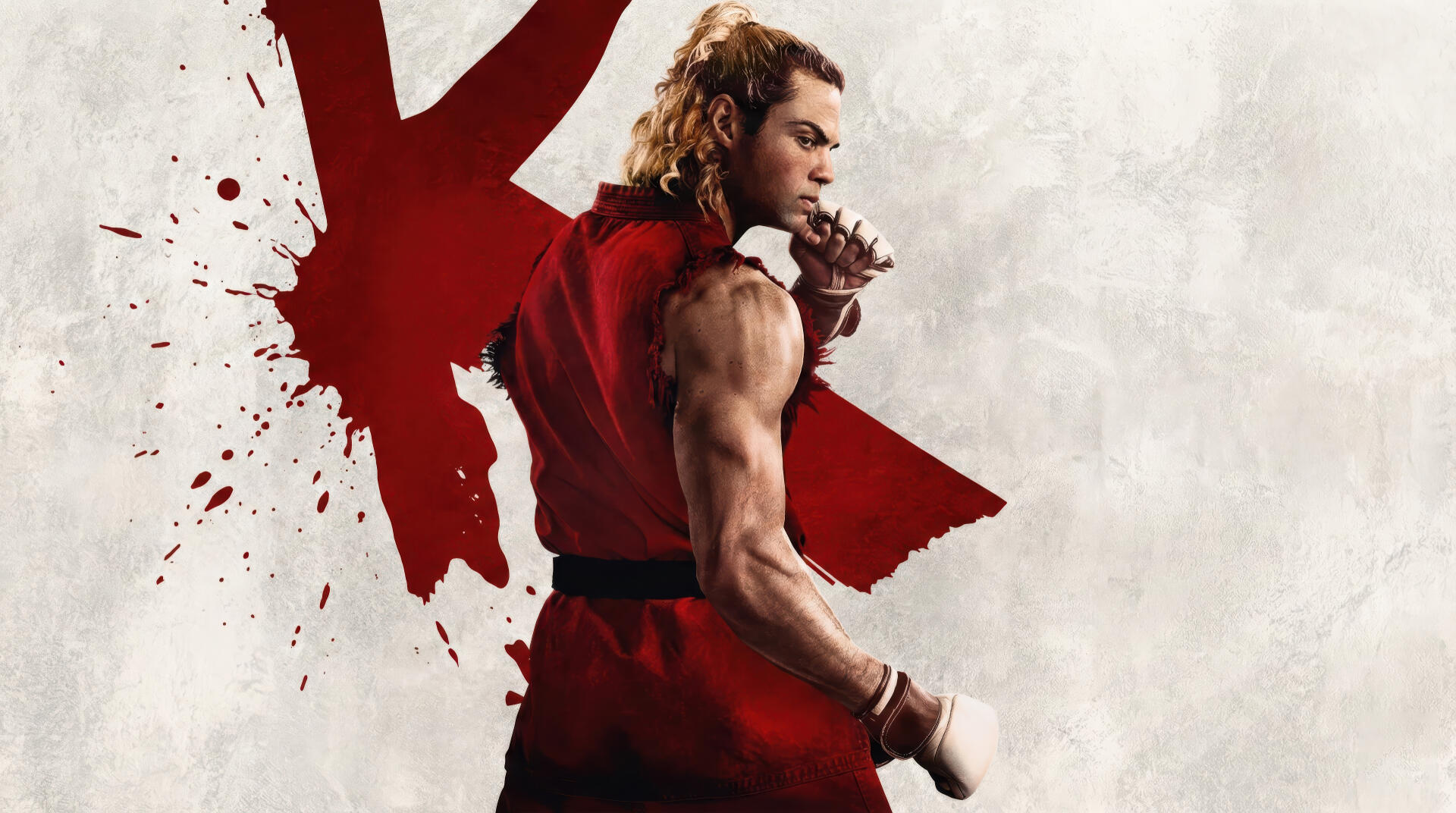 Ken in a red gi, back-turned with clenched fist and a blood-splatter K behind him — Street Fighter (2026) 2K Quad HD PC desktop wallpaper