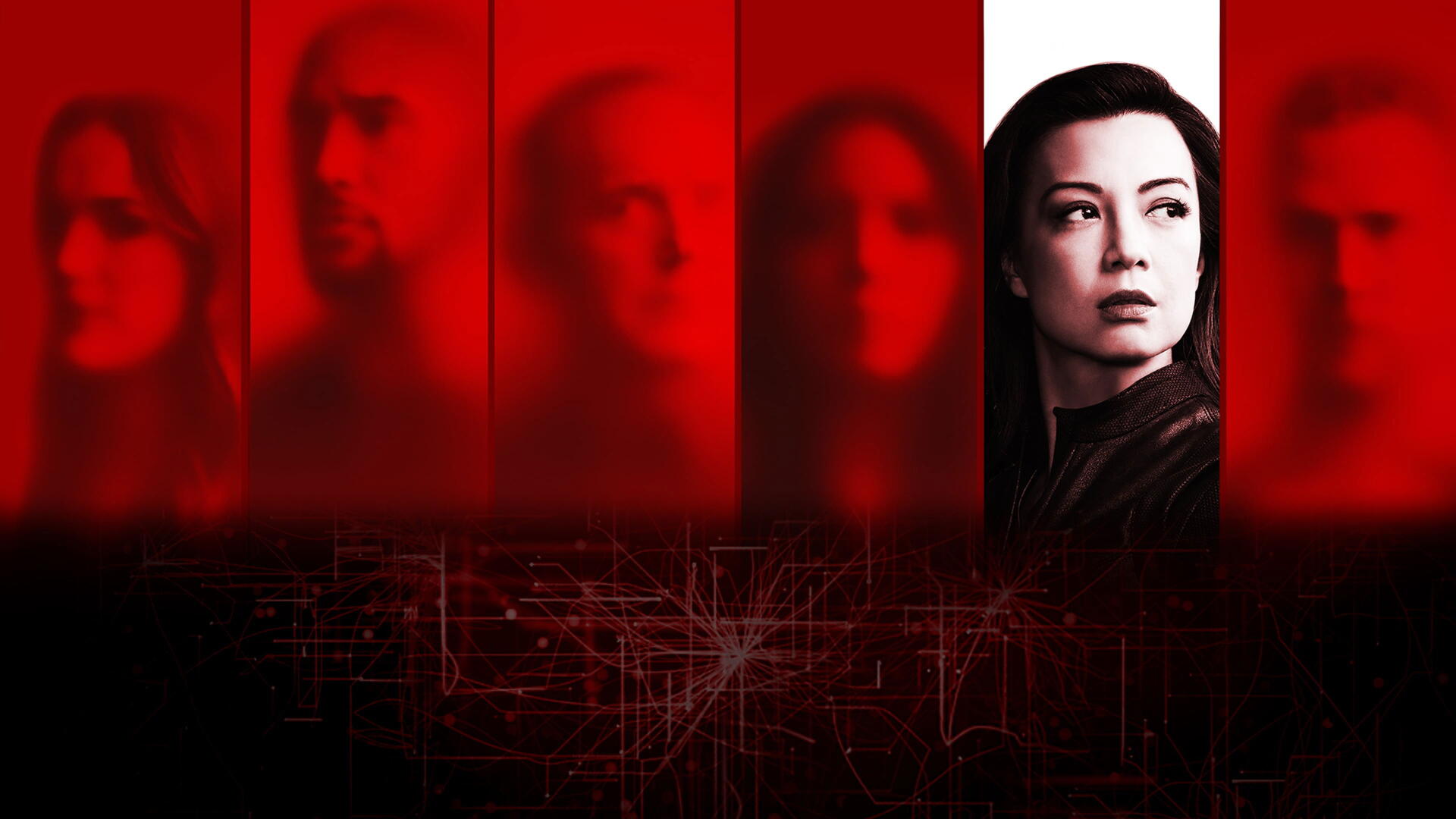 Agents of S.H.I.E.L.D. 4K Ultra HD PC desktop wallpaper: red vertical panels with faded team faces and a sharp portrait of a woman beside a dark circuit-like schematic.