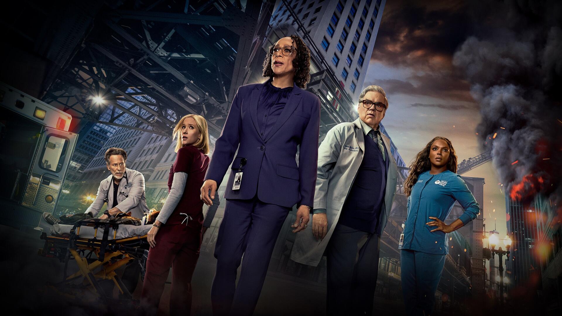 Chicago Med 4K Ultra HD PC desktop wallpaper: five medical professionals in scrubs and coats stand amid a smoky, dramatic Chicago street with ambulance and towering high-rises.