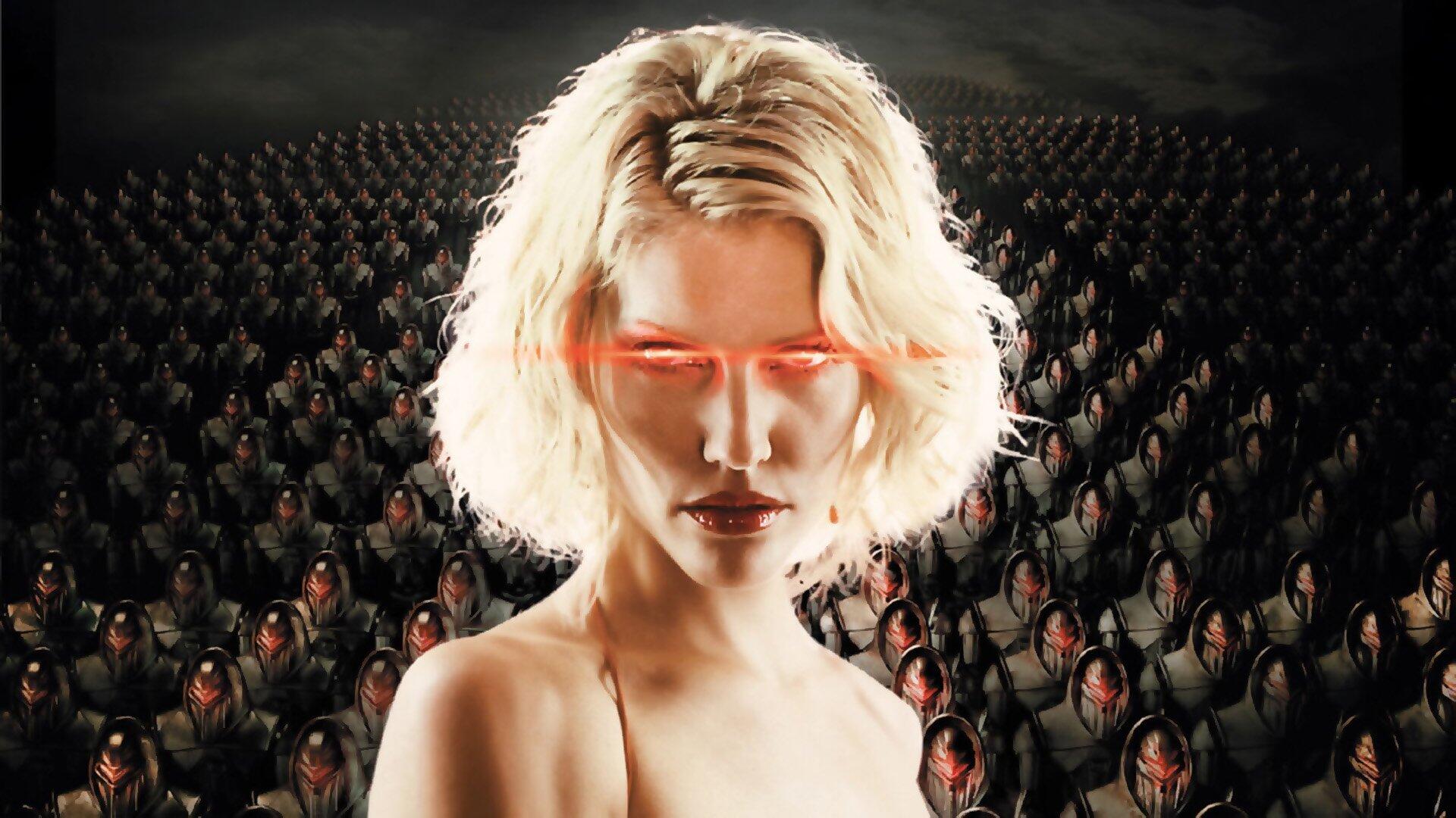 Battlestar Galactica (2003) HD PC desktop wallpaper/background: blonde humanoid with glowing red eyes standing before rows of armored Cylon soldiers