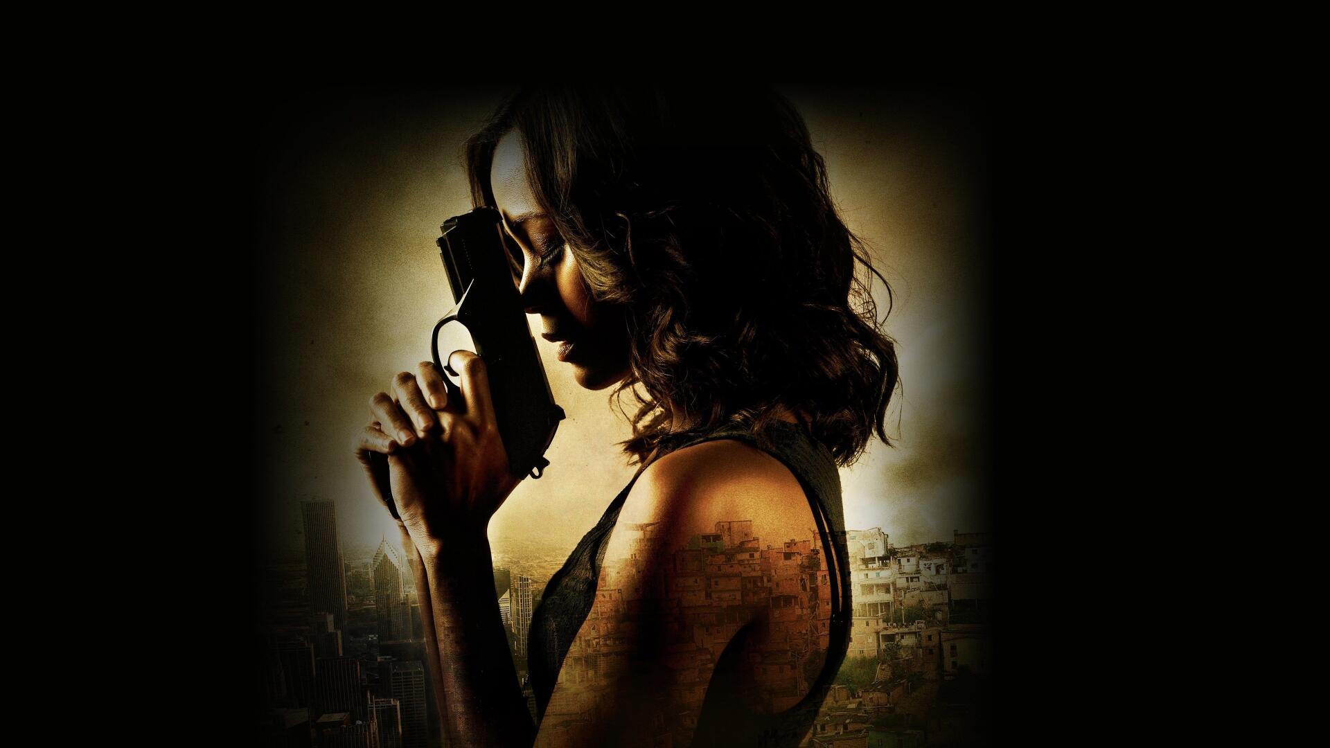 Colombiana 4K Ultra HD desktop wallpaper: silhouetted woman in profile holding a pistol to her cheek, moody backlight, urban skyline and warm sepia tones.
