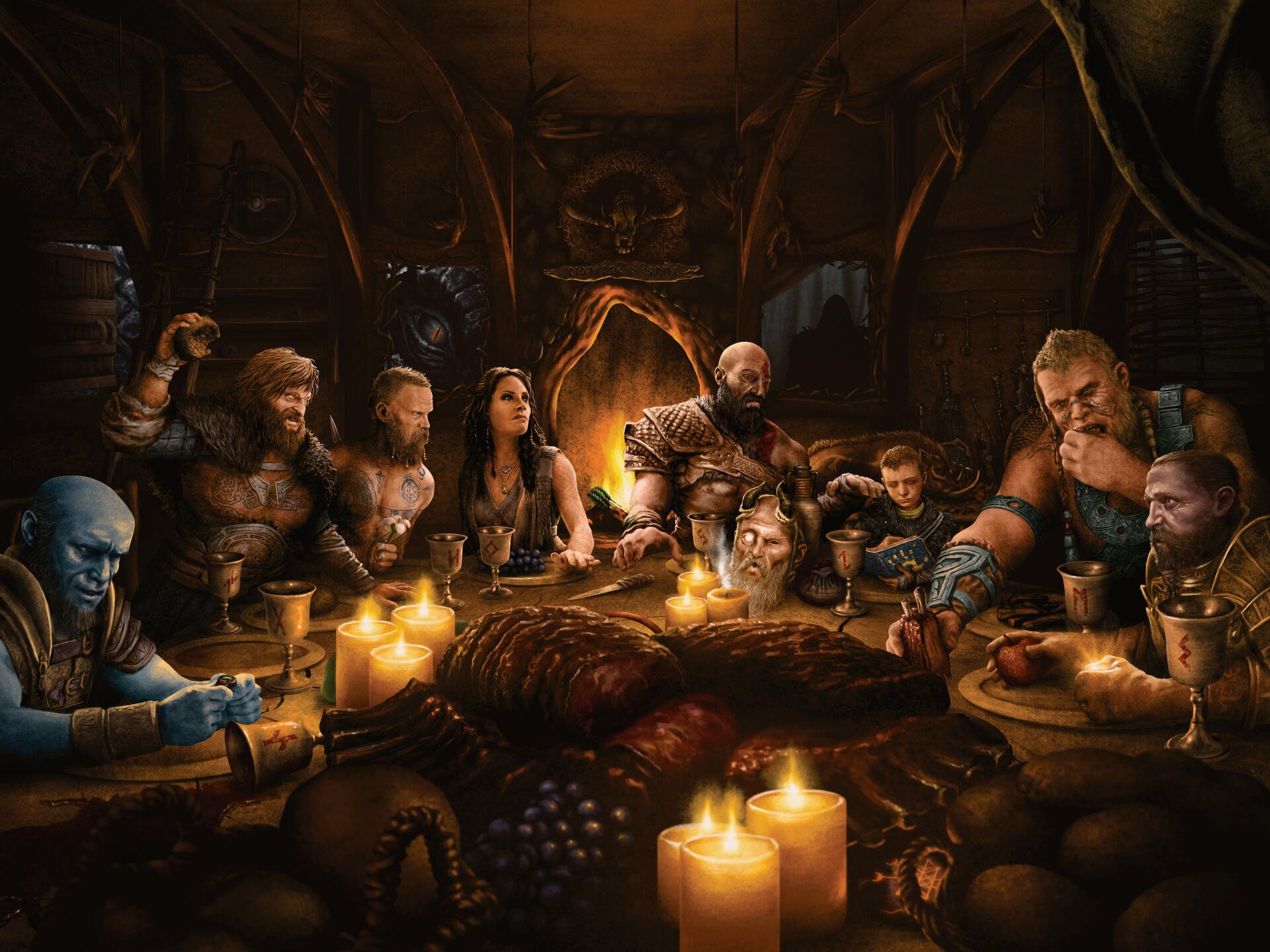 God of War (2018) 5K Ultra HD PC desktop wallpaper and background: Kratos, Atreus and allies gathered around a candlelit feast in a smoky, rustic hall.