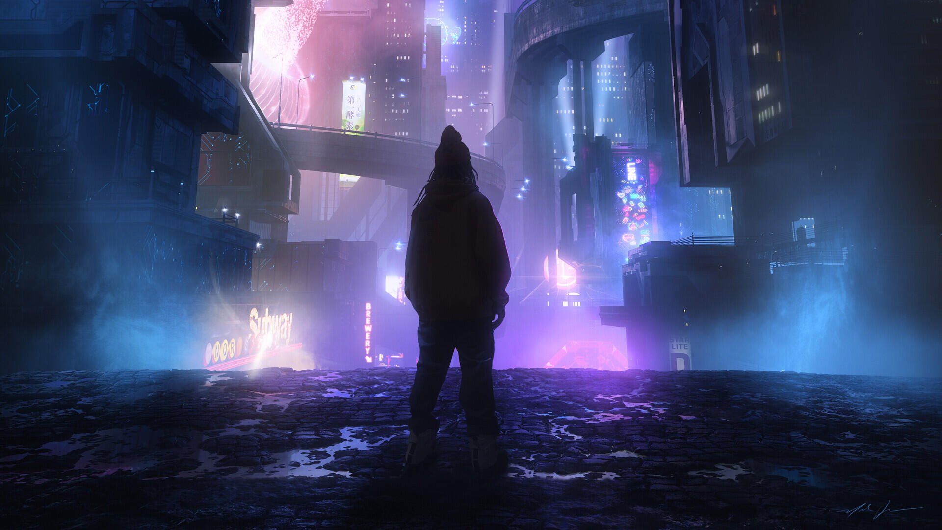 HD PC desktop wallpaper background: a lone person in a hood stands on a wet street, facing a neon-lit sci‑fi cityscape of skyscrapers, holographic signs and misty elevated walkways.