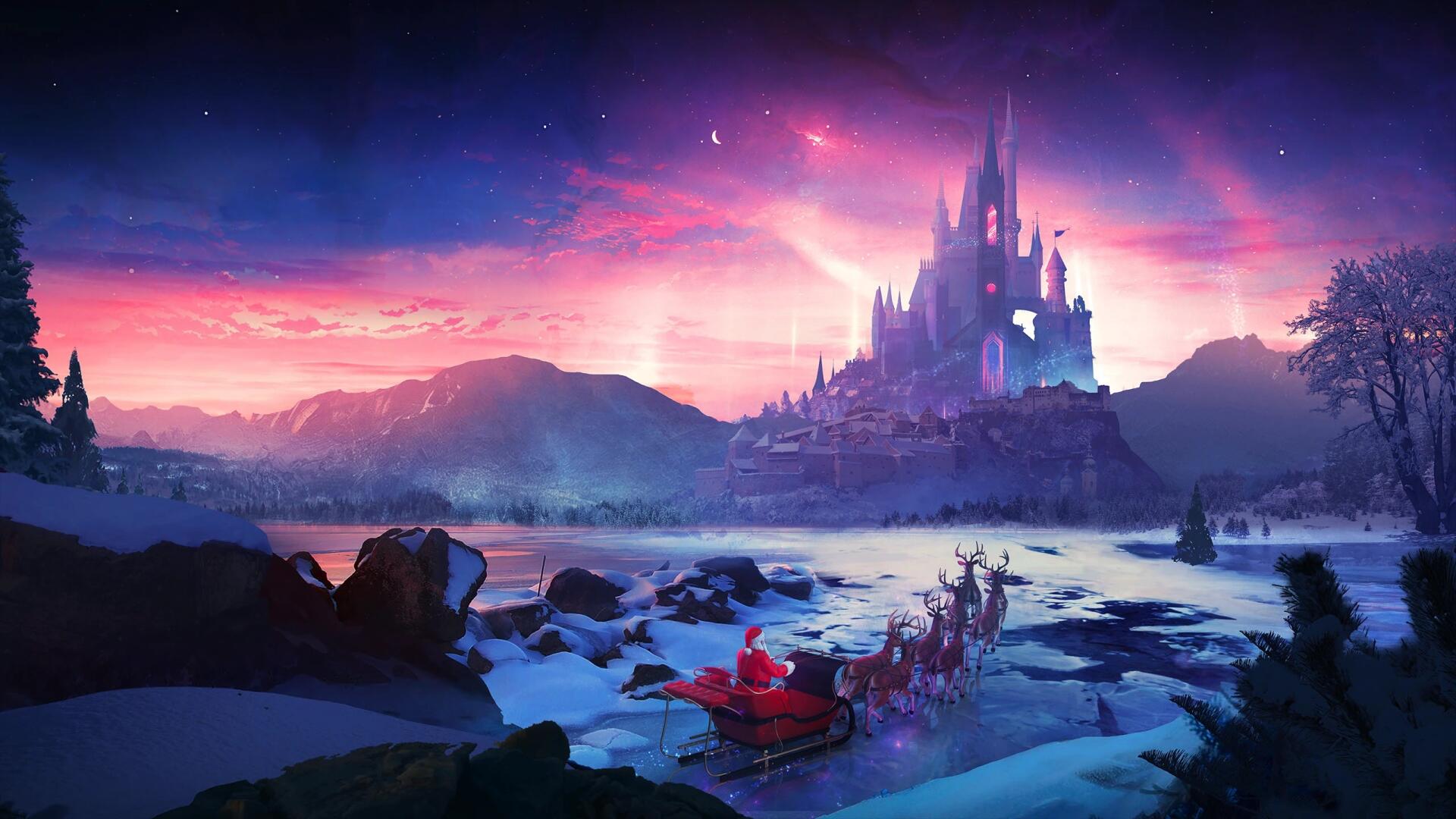 Artistic fantasy Christmas landscape 2K Quad HD PC desktop wallpaper: snowy shore with Santa's sleigh, frozen lake, and a glowing fairy-tale castle beneath a pink-purple twilight.