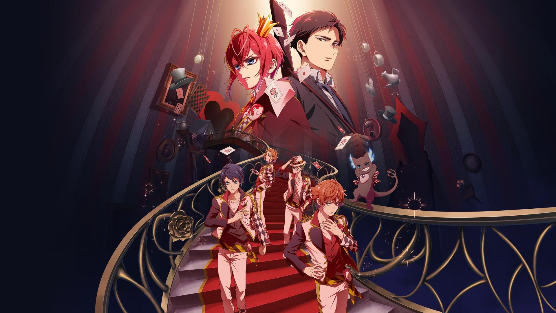 Disney Twisted-Wonderland 4K Ultra HD PC desktop wallpaper and background: characters in elegant uniforms descend a red-carpet spiral staircase under dramatic spotlighting.