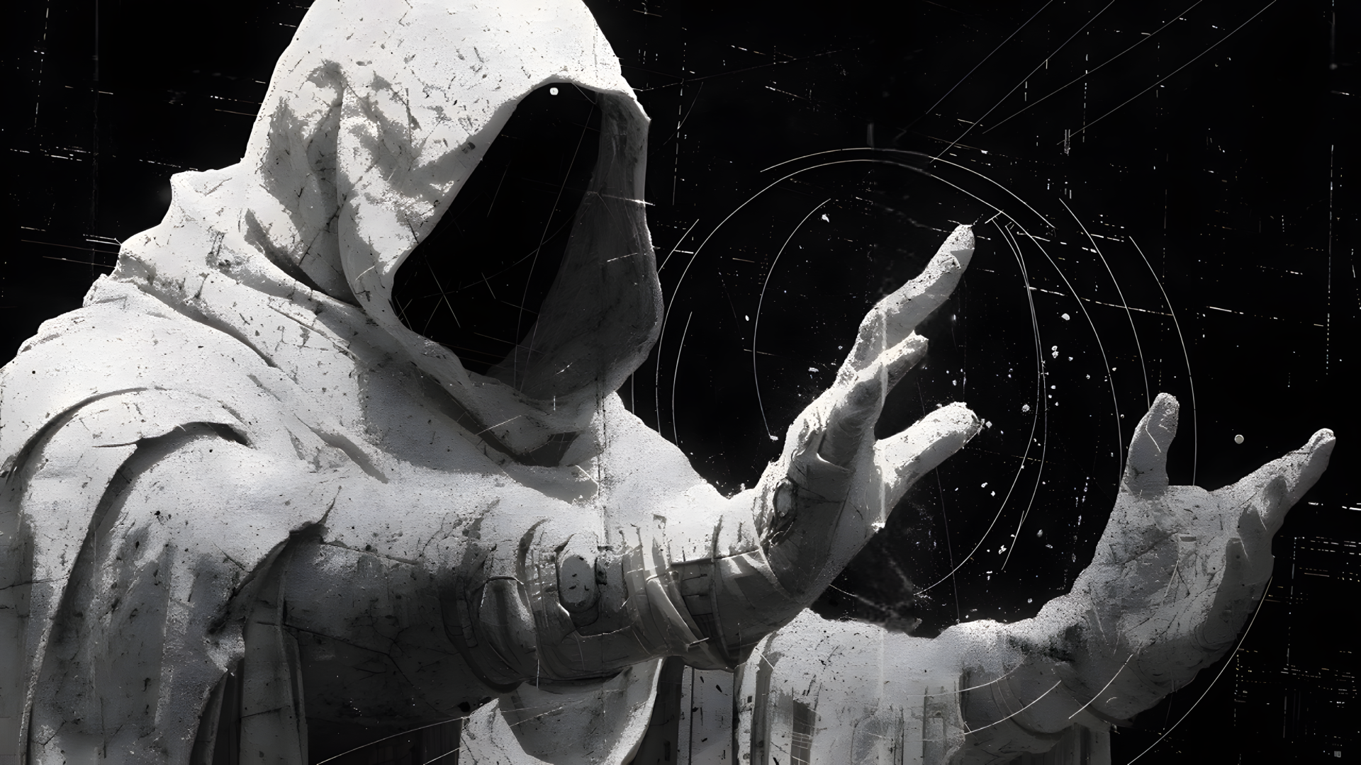 Black & white 2K Quad HD PC desktop wallpaper showing a dark, hooded, faceless character in a white cloak reaching forward against a starry, geometric black background.