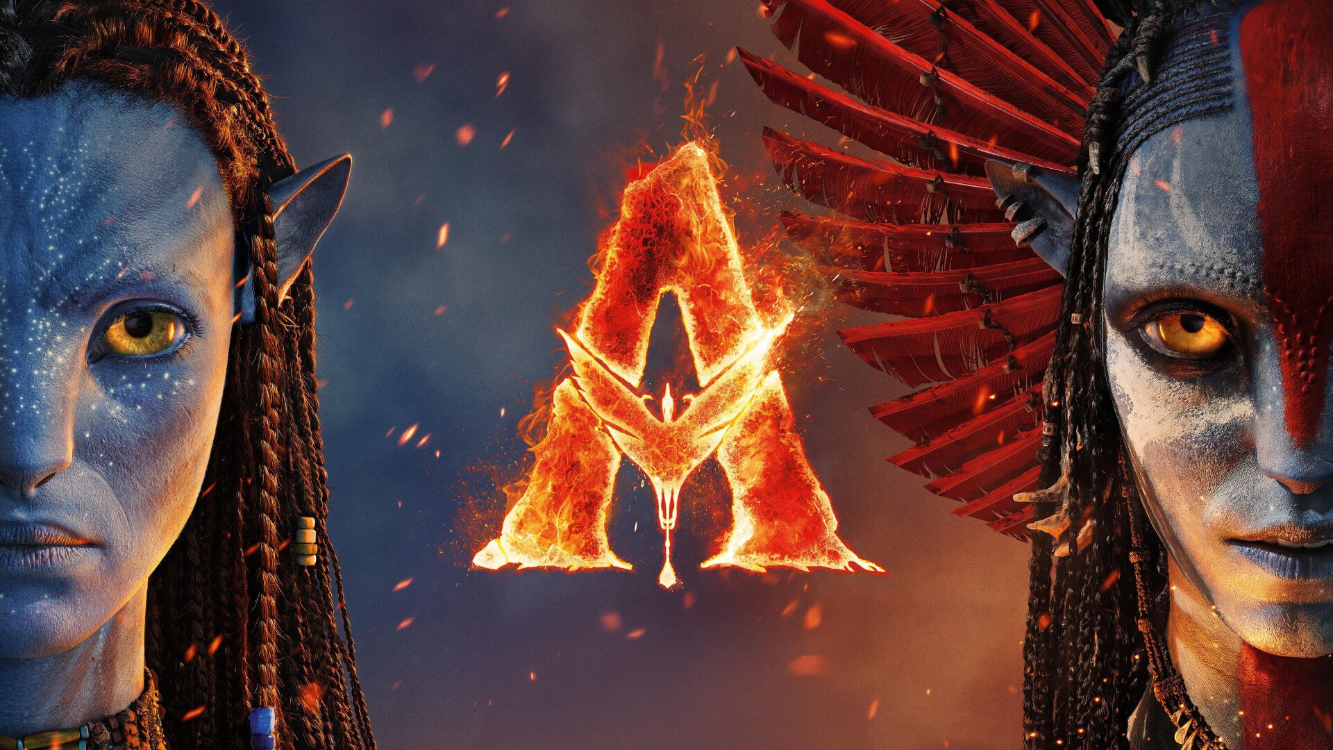 Avatar: Fire and Ash 5K Ultra HD PC desktop wallpaper — two blue Na'vi faces flank a blazing A emblem, red feathered wing detail and glowing embers on a dark, smoky background.