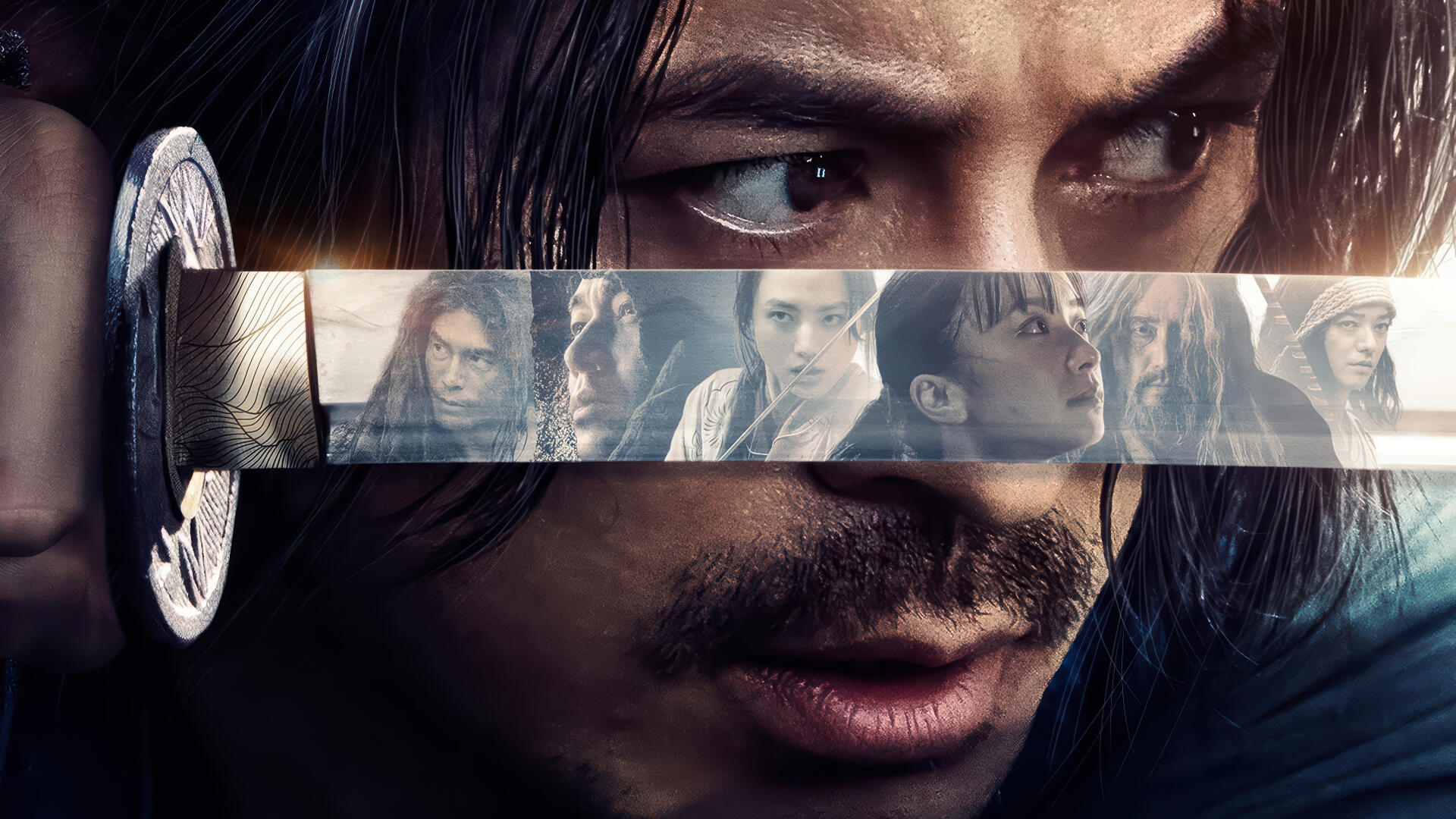 Close-up intense samurai gaze with multiple faces reflected on a sword blade, TV show Last Samurai Standing 4K Ultra HD PC desktop wallpaper background.