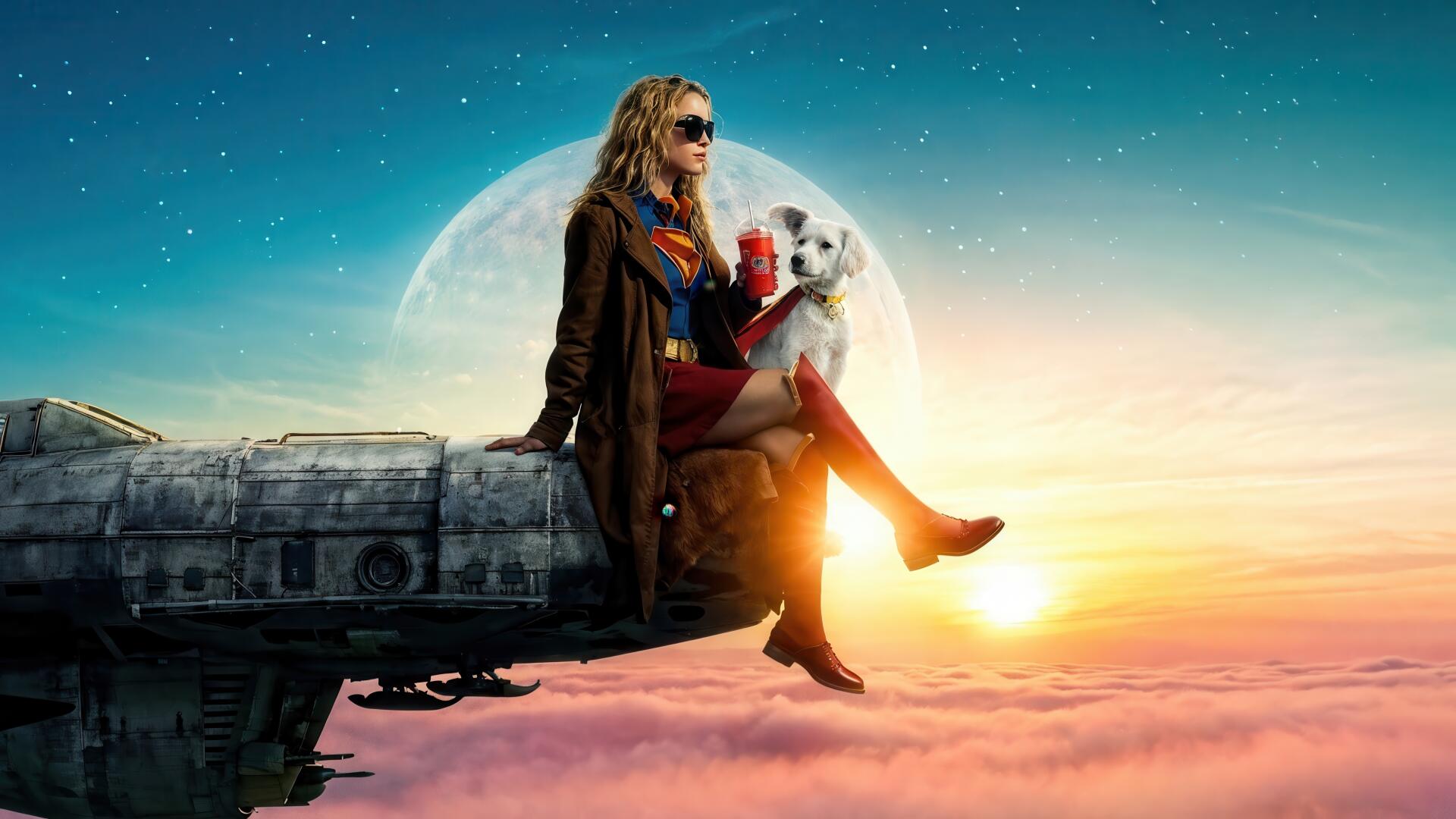 Supergirl (2026) 4K Ultra HD PC desktop wallpaper and background — Supergirl in a coat and sunglasses perches on a spaceship wing with a small white dog, full moon and sunrise over clouds.