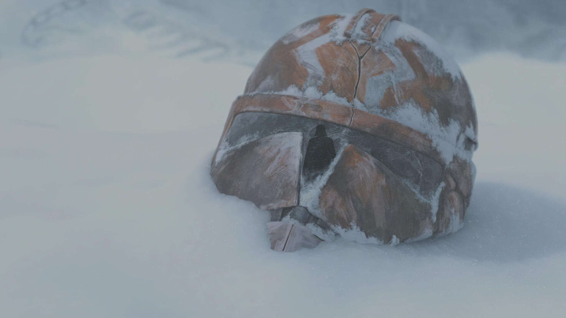 Star Wars: The Clone Wars (2008) 2K Quad HD PC desktop wallpaper — a worn clone trooper helmet half-buried in snow beneath a pale, cloudy sky.