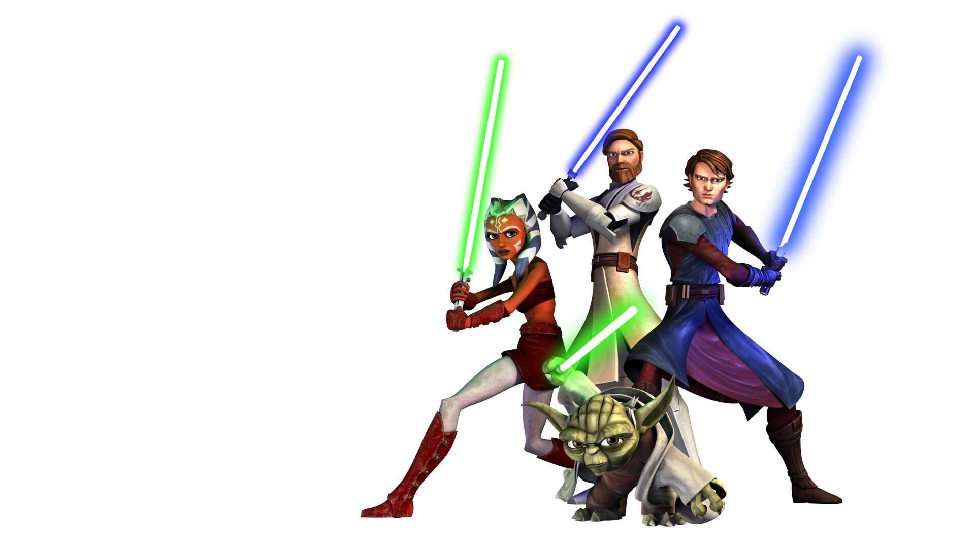 Star Wars: The Clone Wars (2008) HD PC wallpaper: Ahsoka Tano, Obi-Wan Kenobi, Anakin Skywalker and Yoda brandish glowing lightsabers against a white background.