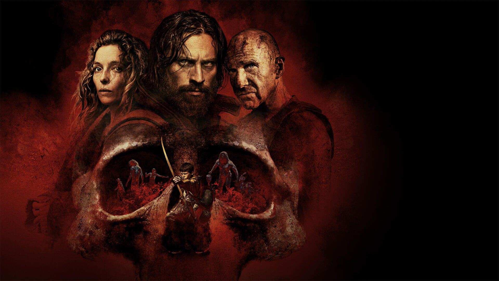 28 Years Later 4K Ultra HD PC desktop wallpaper: dark red-black composition of three haunted faces above a blood-streaked skull, tiny silhouetted survivors visible inside the jaw.