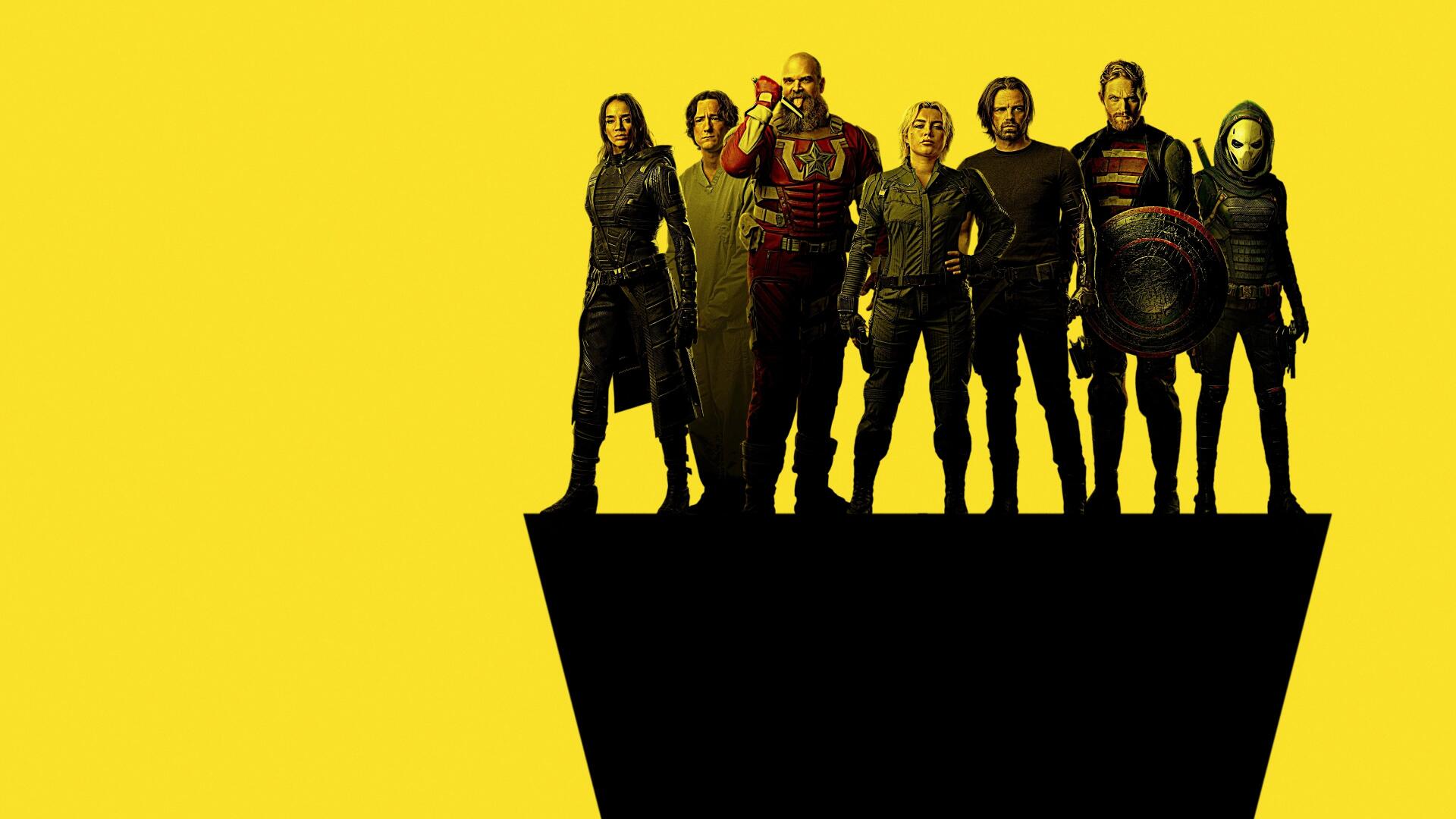 Thunderbolts* (2025) 4K Ultra HD PC desktop wallpaper: seven silhouetted figures in heroic poses on a jutting ledge against a vivid yellow background.