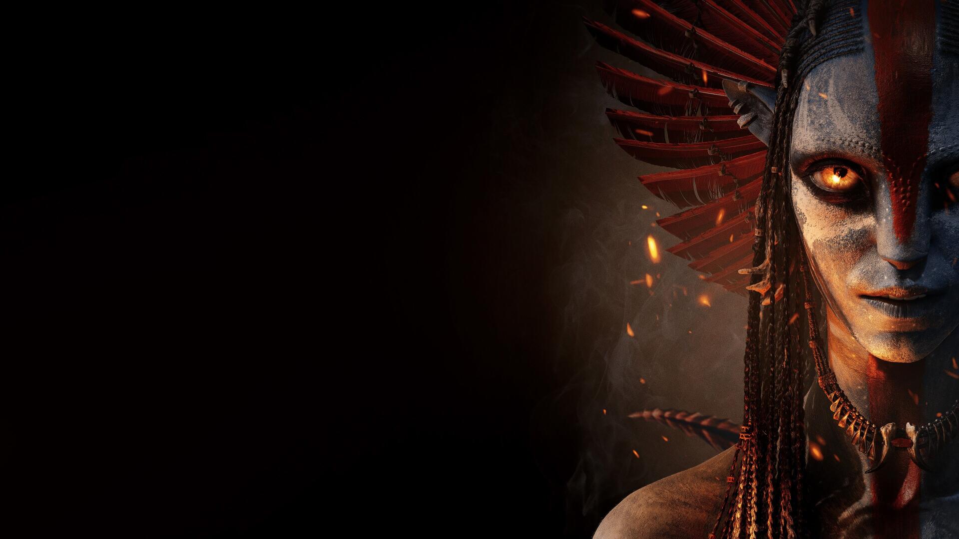 Half-lit Avatar: Fire and Ash portrait — glowing amber eye, tribal paint and fiery feathered headdress on a dark backdrop. 4K Ultra HD PC desktop wallpaper.