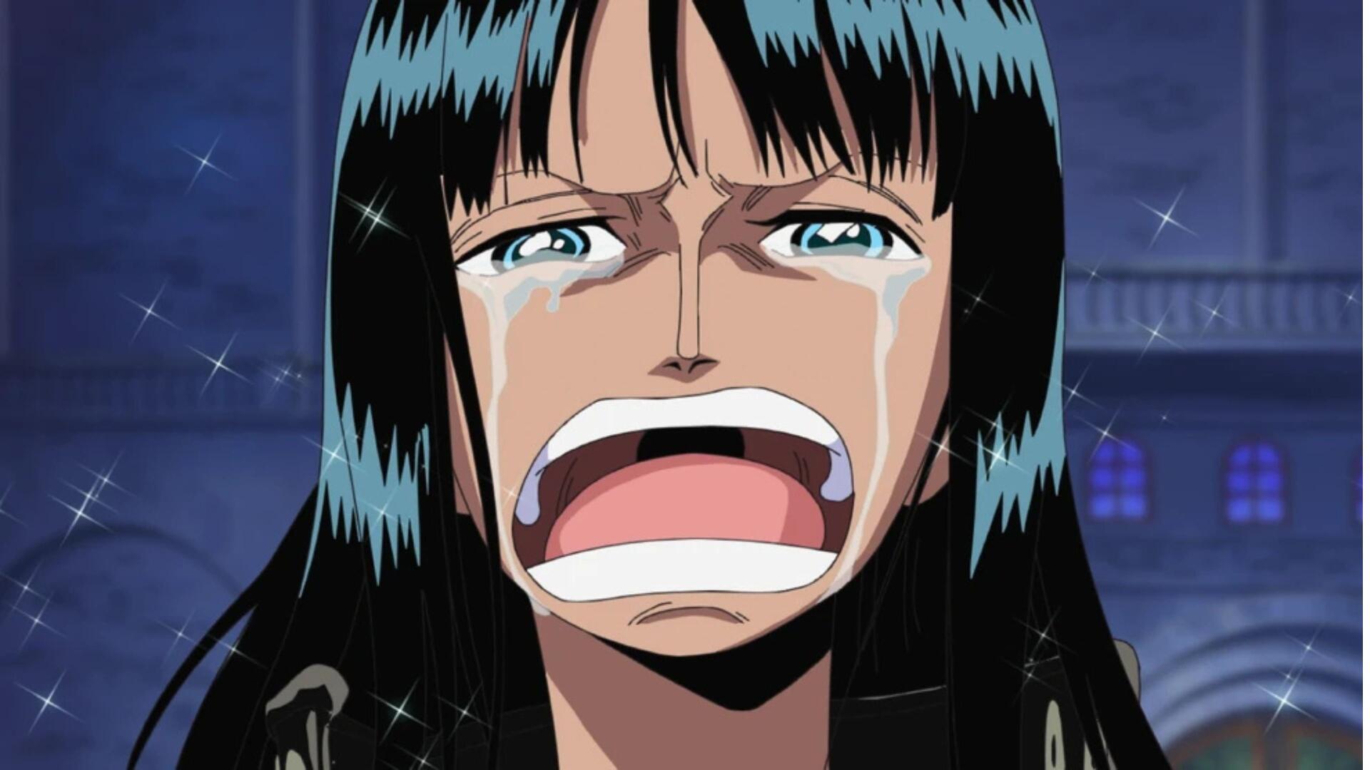 One Piece 4K Ultra HD PC desktop wallpaper: close-up of Nico Robin crying, mouth agape and tears streaming, dark night backdrop with faint lights.