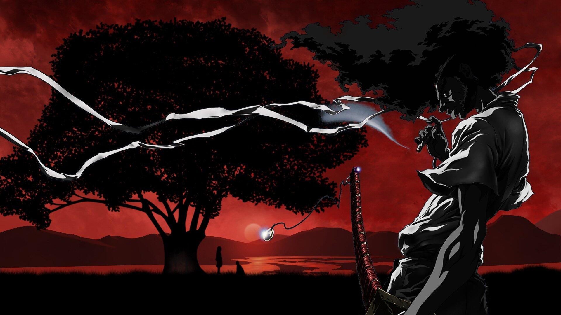 Afro Samurai silhouette with katana and flowing headband against a crimson sunset and lone tree — HD PC desktop wallpaper background, cinematic anime-style composition.