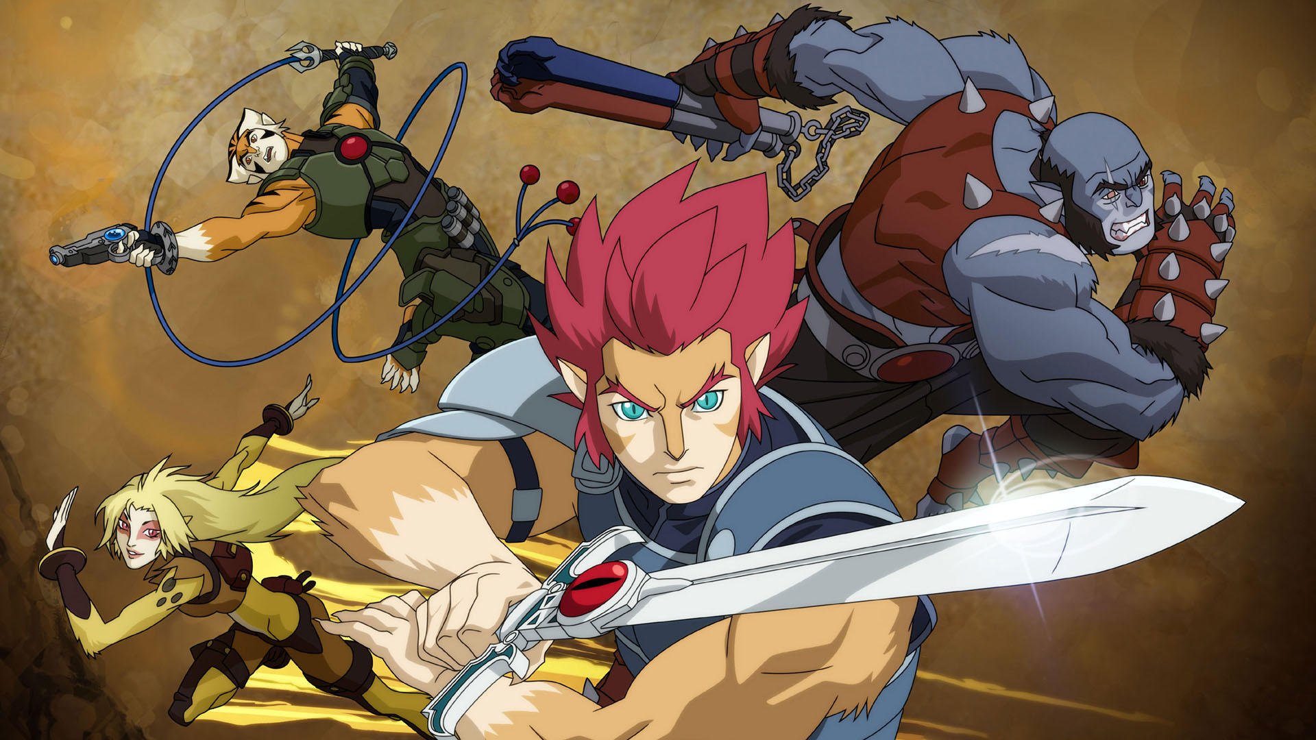 Thundercats (2011) HD PC desktop wallpaper and background: Lion-O wields the Sword of Omens at center as Cheetara, Panthro and allies leap into action on a brown‑gold backdrop.