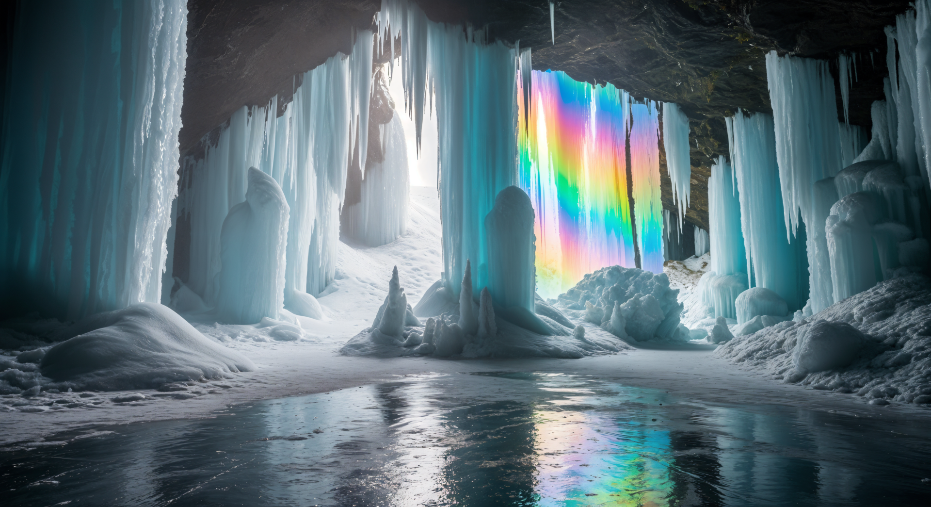 4K Ultra HD PC desktop wallpaper: ethereal ice cave with towering icicles and rainbow-hued light reflecting on a frozen pool.