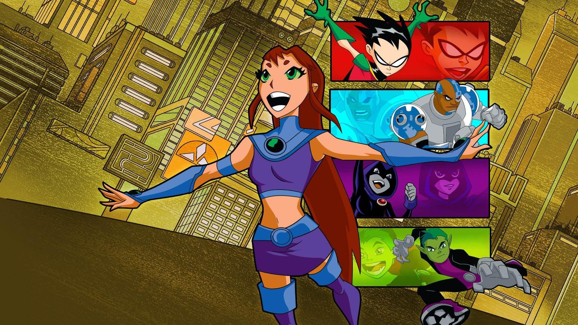 HD PC desktop wallpaper and background of the Teen Titans: Starfire centerstage with Robin, Cyborg, Raven and Beast Boy in colorful stacked panels against a stylized city skyline.