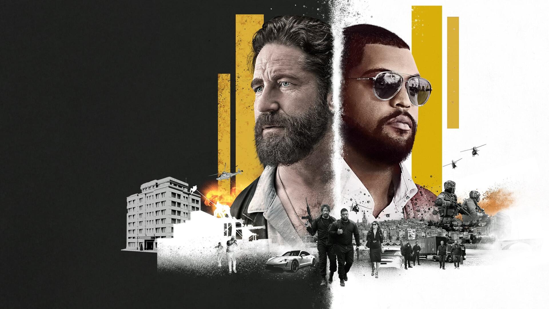 Den of Thieves 2: Pantera 2K Quad HD PC wallpaper — split portrait of two men over city and tactical scenes, helicopters, explosions and bold yellow accents.