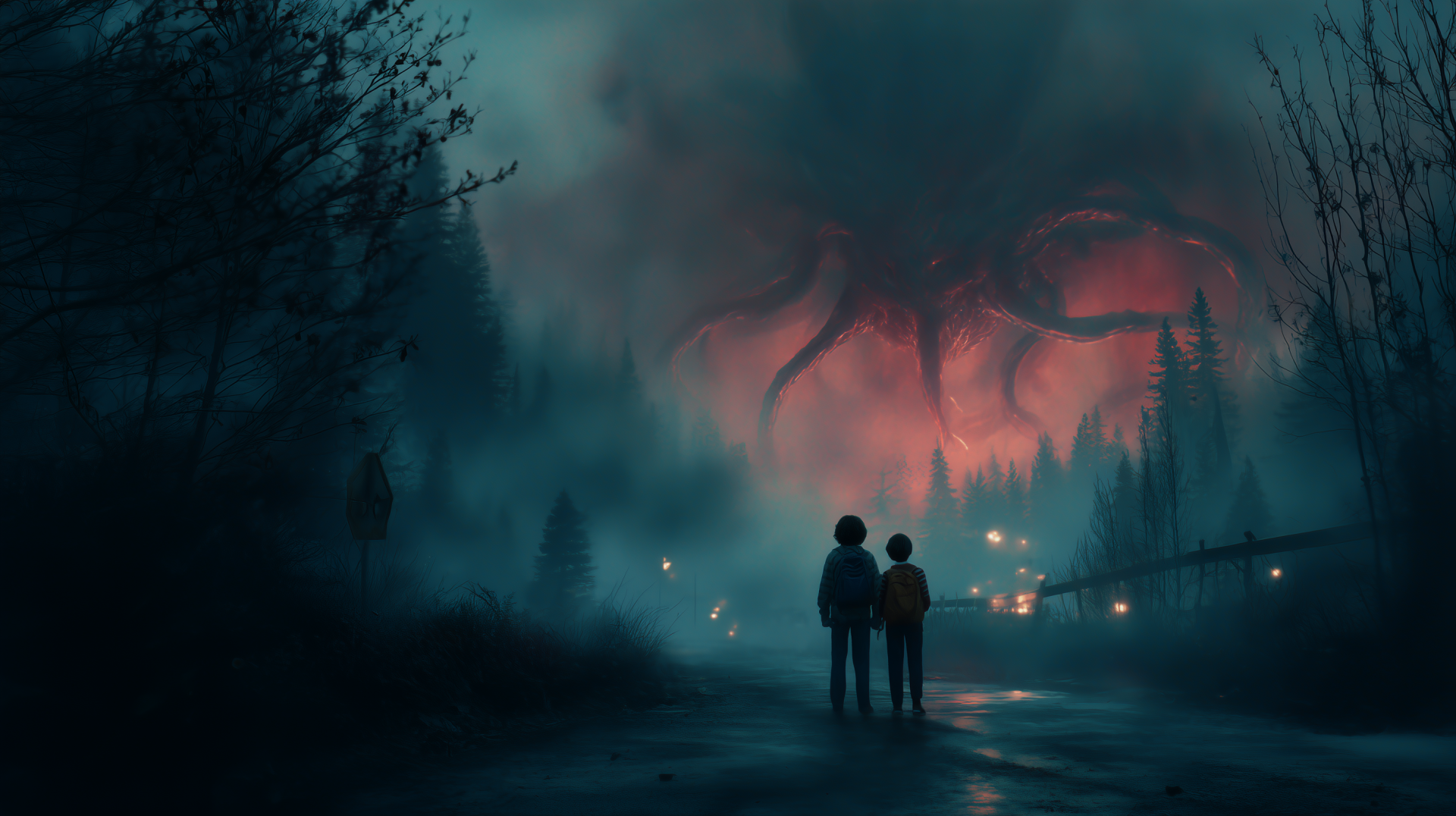 TV show, Stranger Things, Stranger Things 5 — 2K Quad HD PC desktop wallpaper: two silhouettes on a rain-slick road face a foggy town as a colossal red-eyed creature looms overhead.
